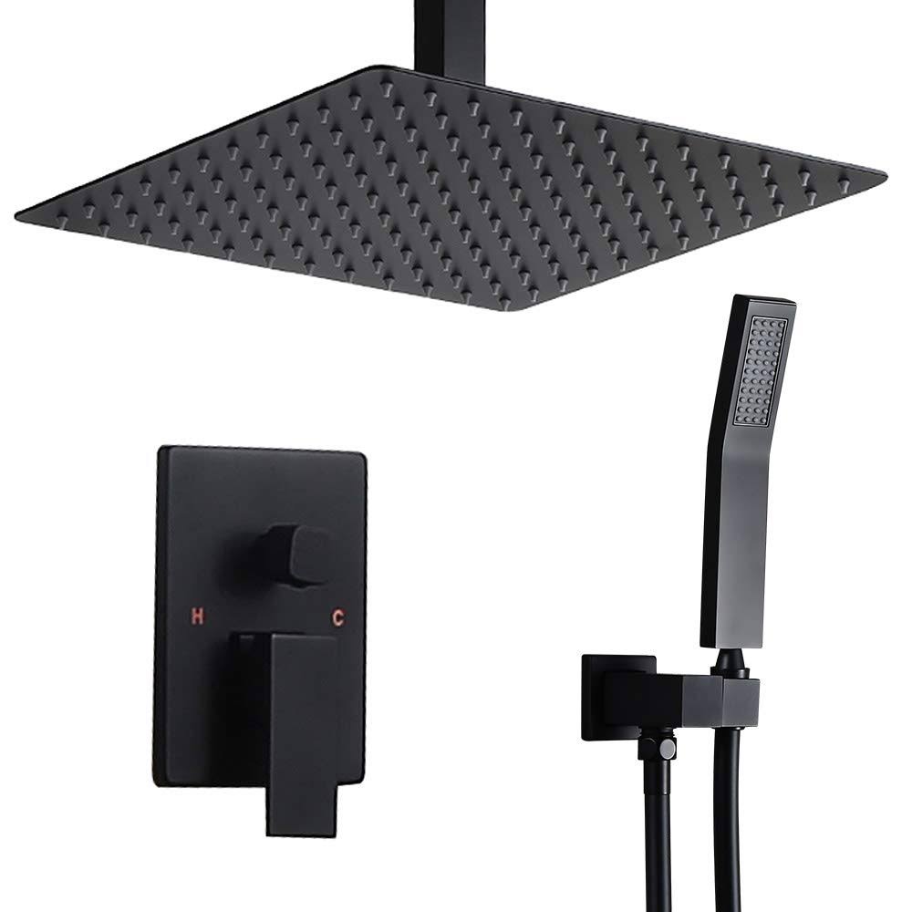 Matte Black Square Rain Shower Set with Ceiling Mount Rainfall Shower Head C4114