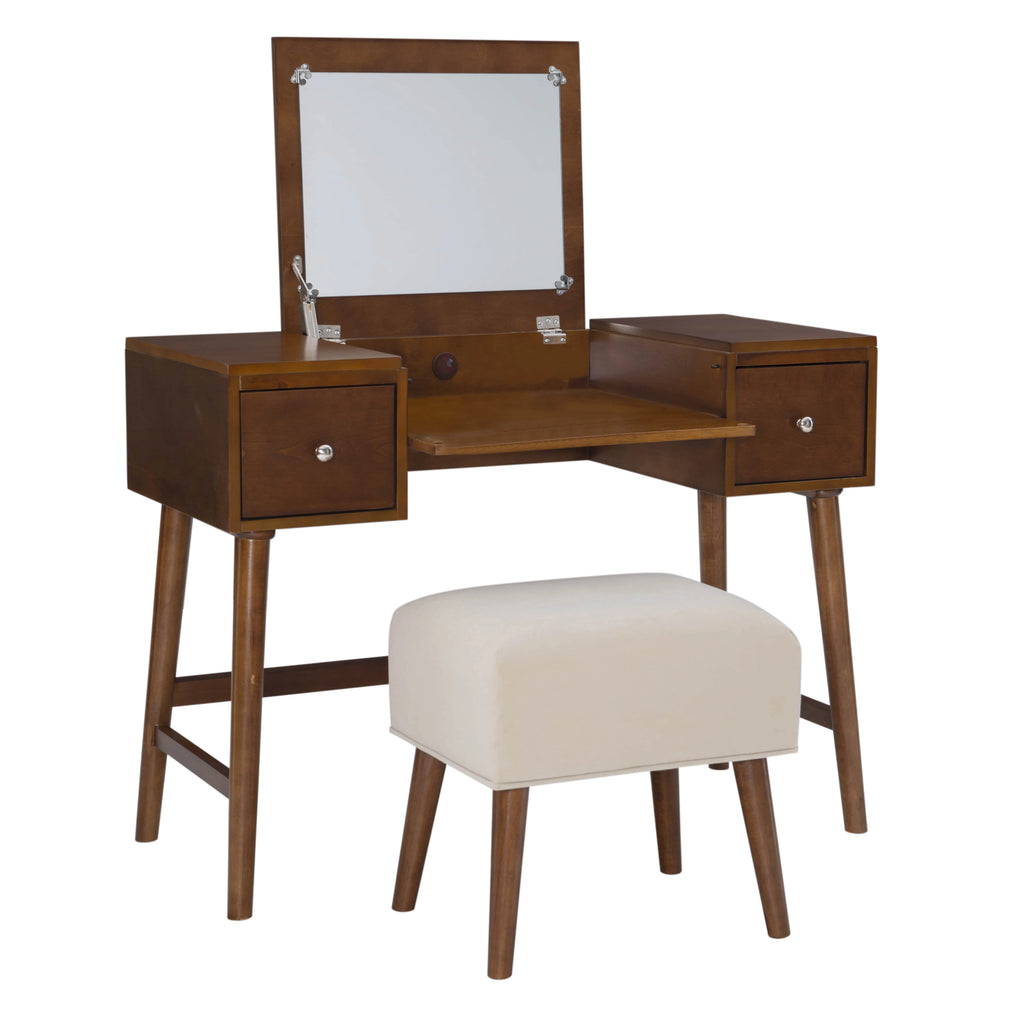 Walnut Finish 2-Piece Vanity Set with Flip-Top Mirror and Bench D468604