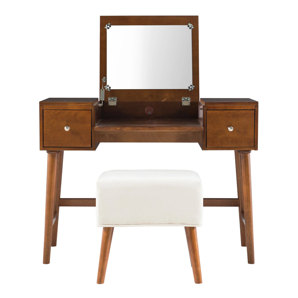 Walnut Finish 2-Piece Vanity Set with Flip-Top Mirror and Bench D468604