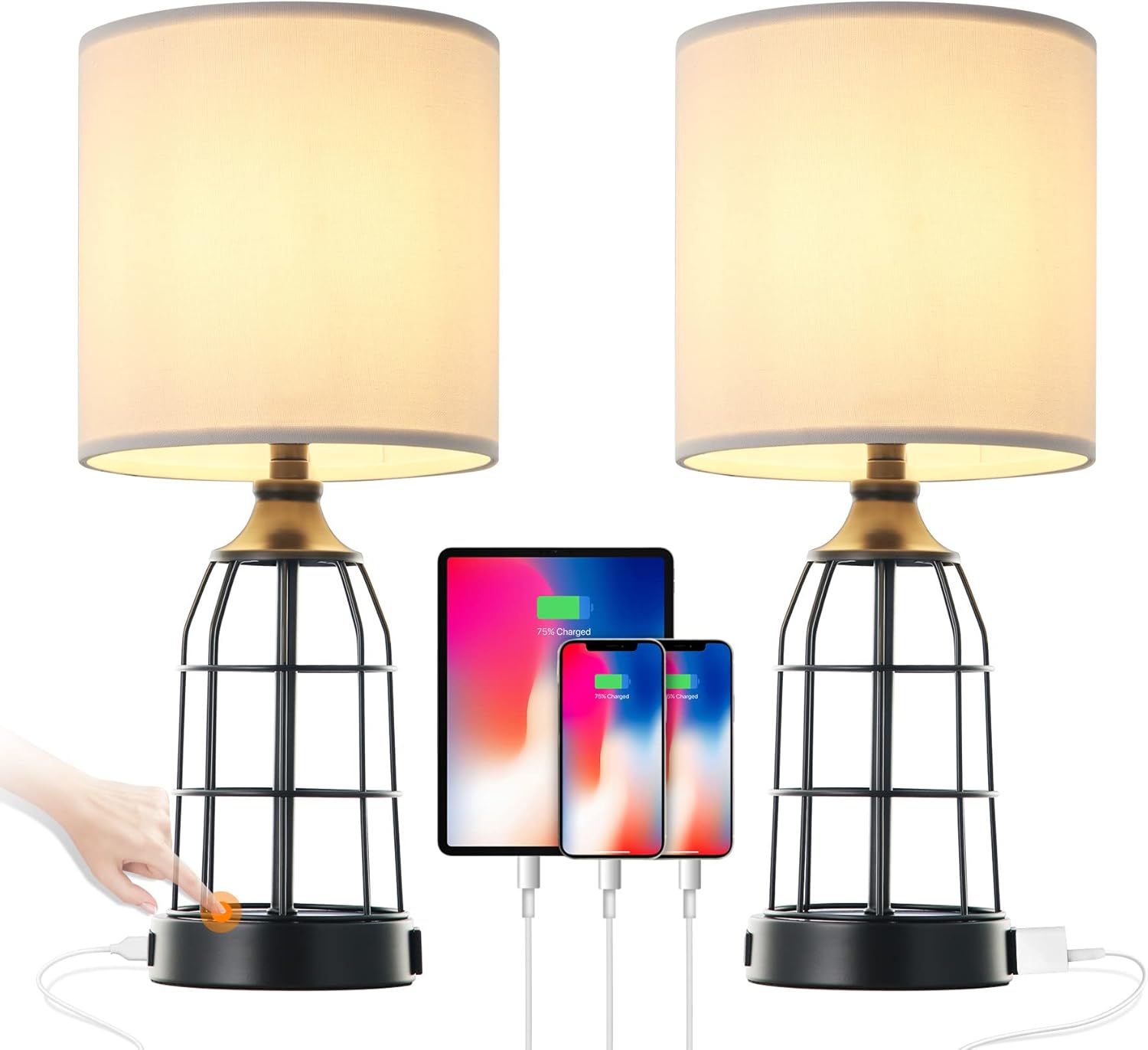 Black Cage Table Lamp Set of 2 with USB Ports and Outlets, 3-Way Dimmable, Bulbs Included W914