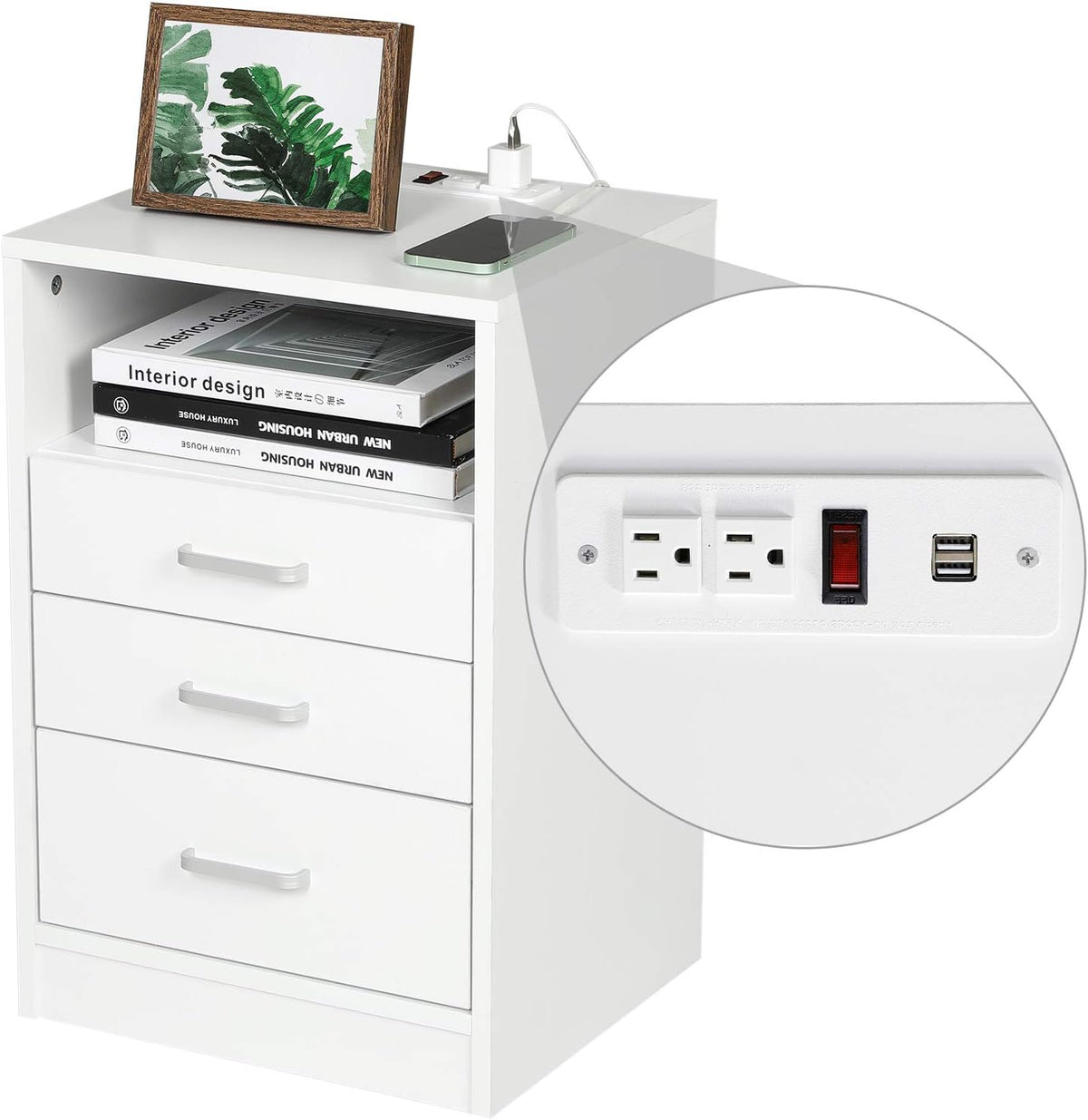 Black 3 Drawer Wood Nightstand with USB Port A940