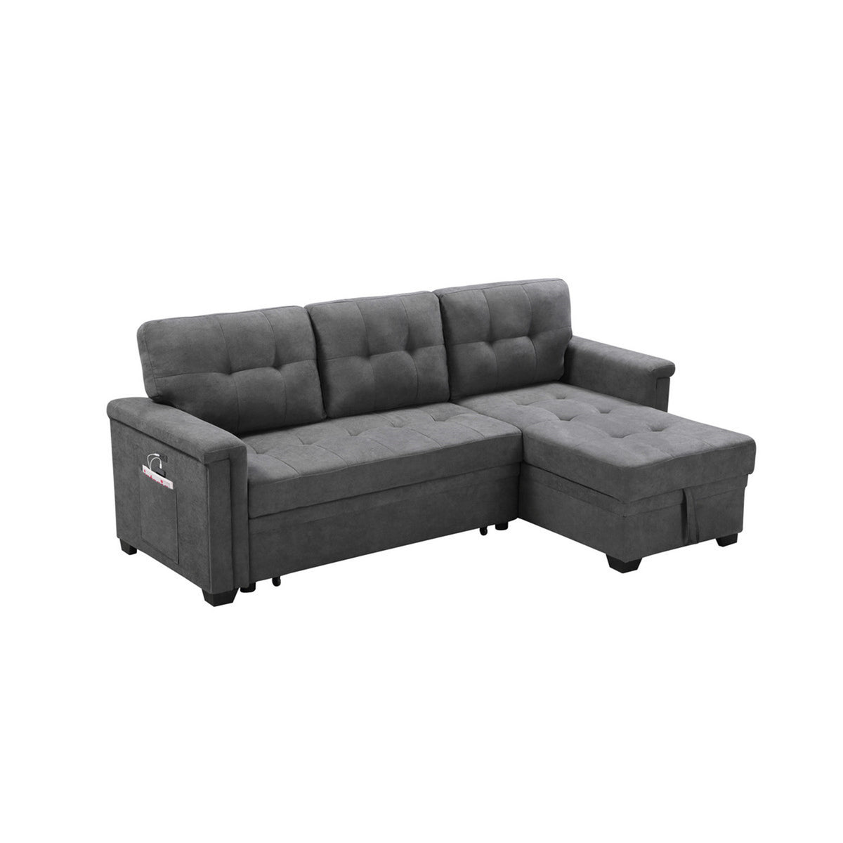 Gray Woven Fabric Sleeper Sectional Sofa Chaise with USB Charger and Tablet Pocket H421
