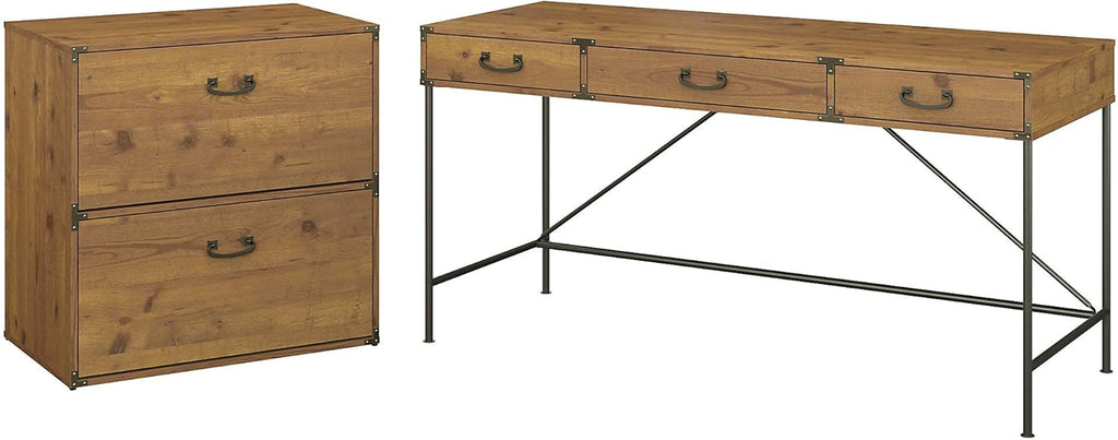 Vintage Golden Pine L Shaped Writing Desk with 2 Drawer Lateral File Cabinet Q11543