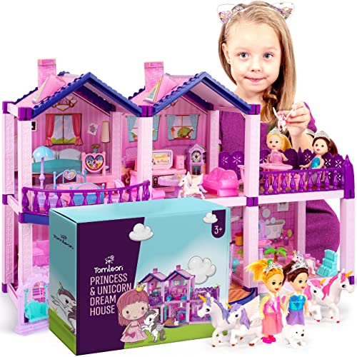 Pink and Purple 5 Room Dollhouse with 4 Princesses, 4 Unicorns, Dog, Furniture and Accessories B9924