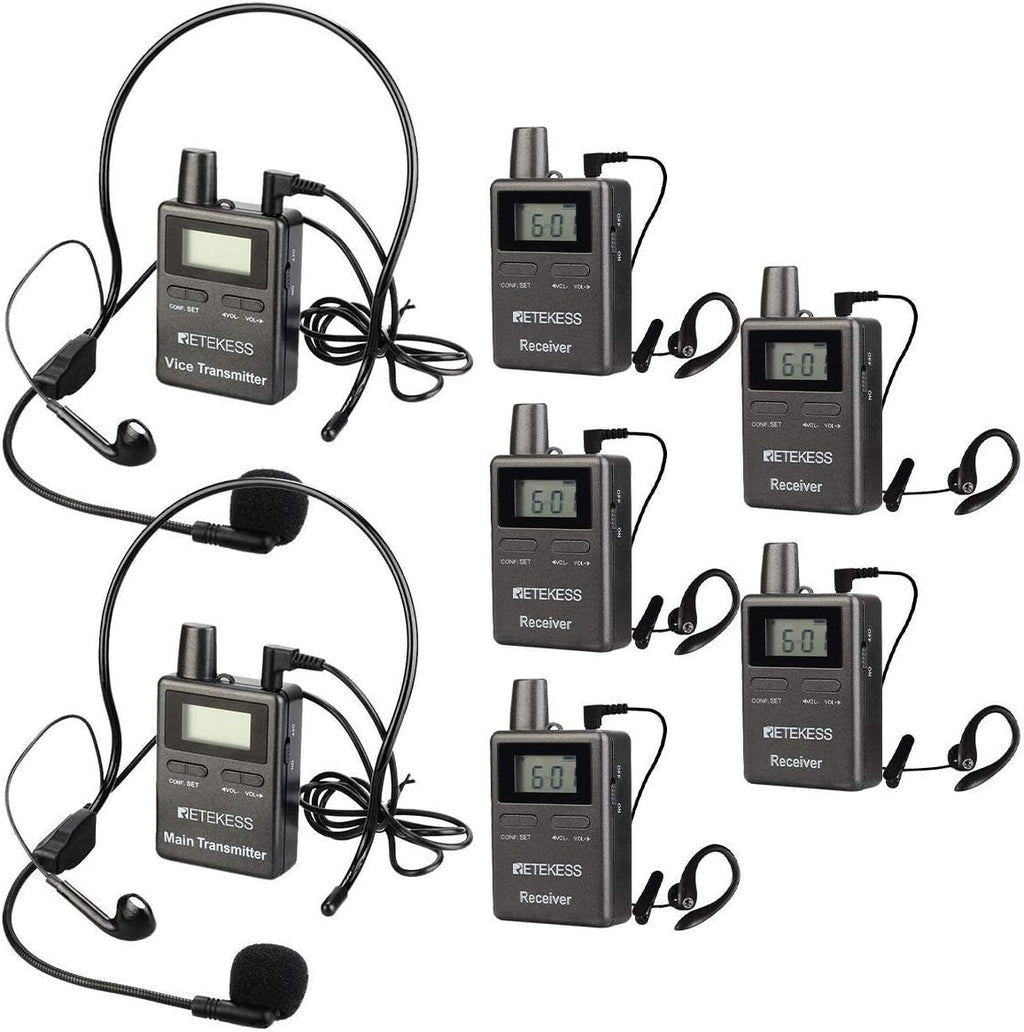 Case of 2 Main Vice Transmitters and 5 Receivers, Tour Guide System Wireless, 328ft, 2 Way Tour Headsets Microphone S12821