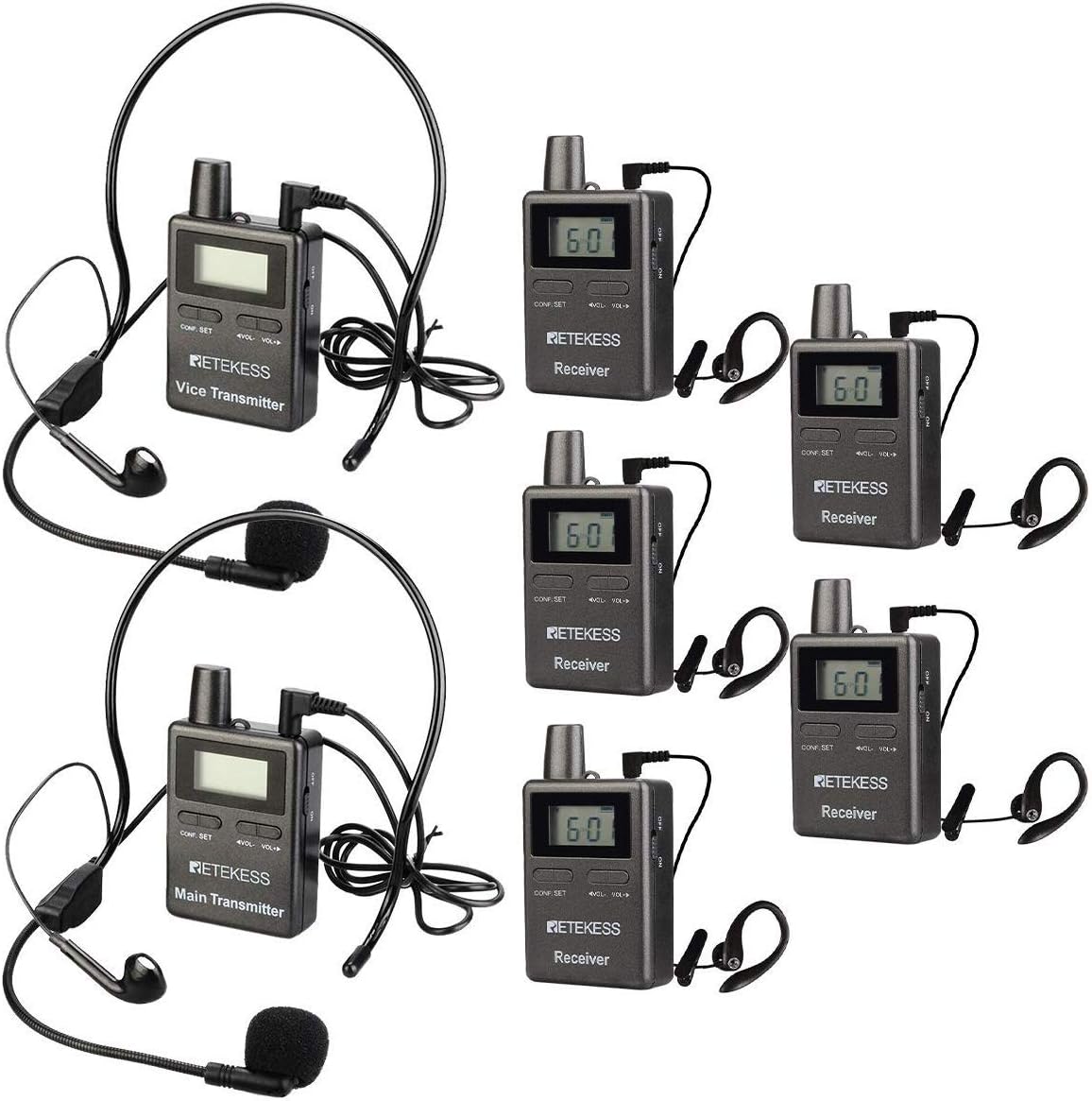 Case of 2 Main Vice Transmitters and 5 Receivers, Tour Guide System Wireless, 328ft, 2 Way Tour Headsets Microphone S12821