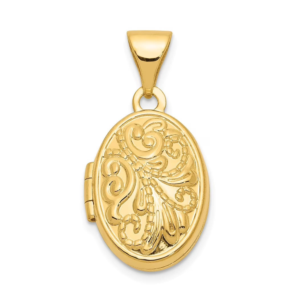 11mm 10k Yellow Gold Beaded Scroll Oval Photo Locket Pendant Necklace H1912