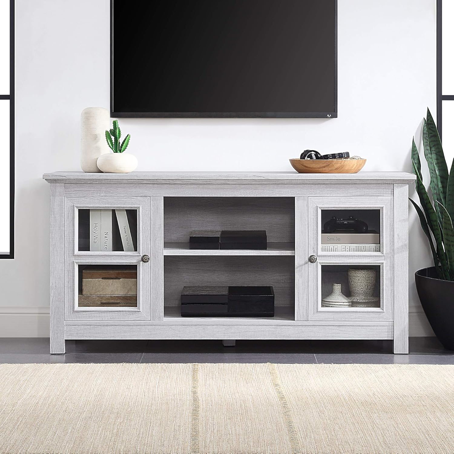 Espresso Farmhouse Electric Fireplace TV Stand with Open Storage Shelves and Cabinets I781
