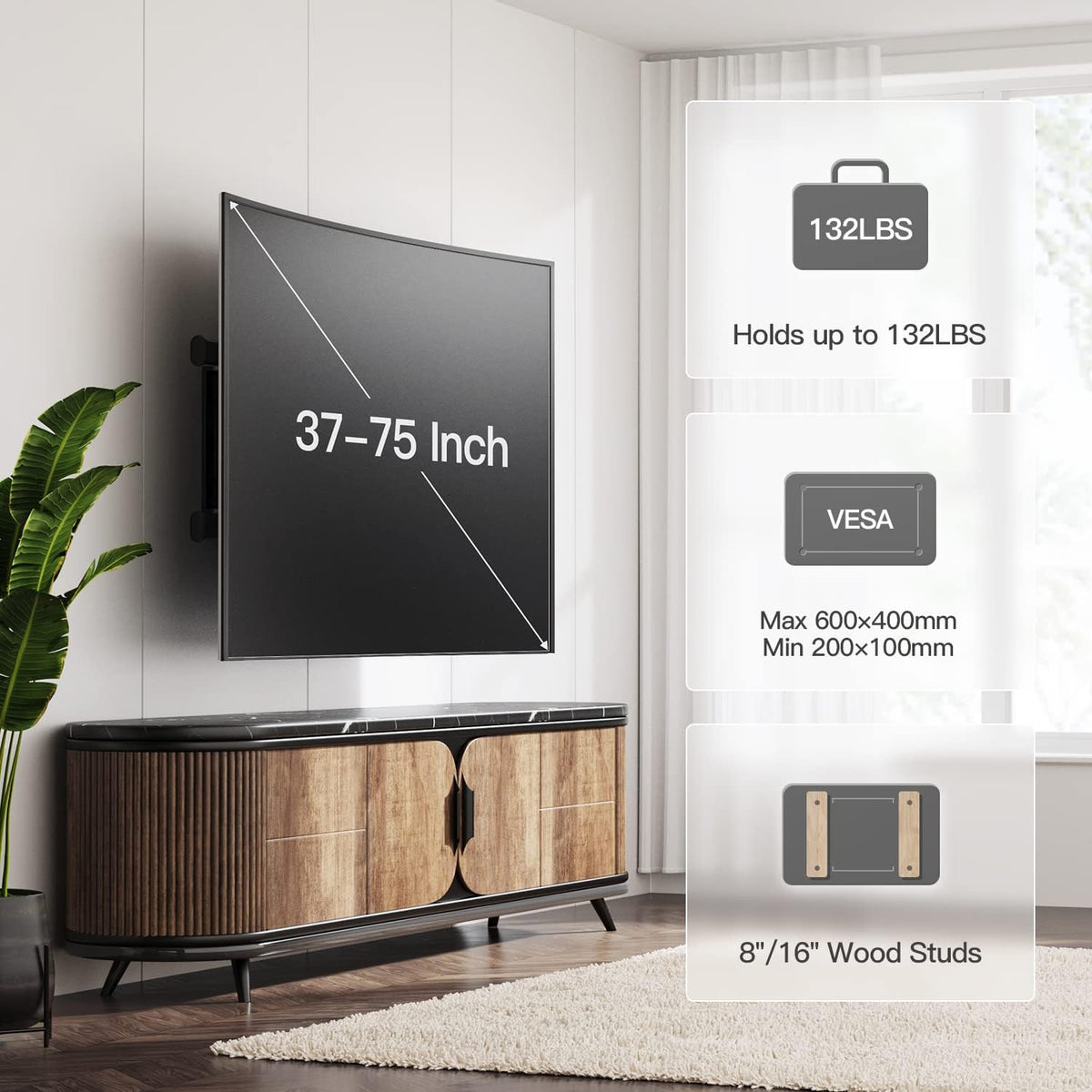 TV Wall Mount Full Motion for 37-75 Inch LED LCD OLED Flat Curved Screen, Articulating Arms Swivel Tilt Leveling, Holds up to 132lbs, VESA 600x400mm, Pack of 2 K67572
