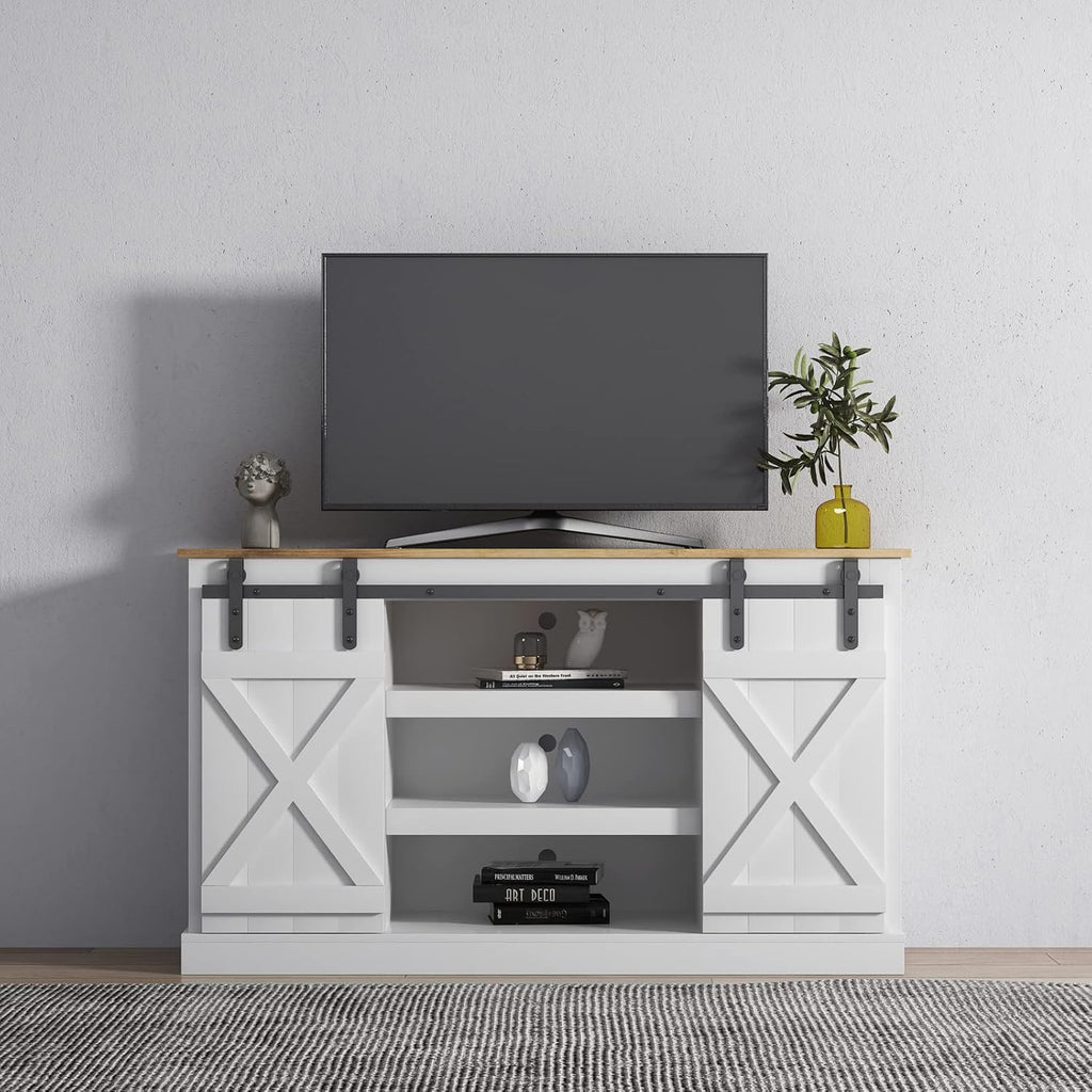 White Reclaimed Barnwood TV Stand with Storage Cabinet E761131