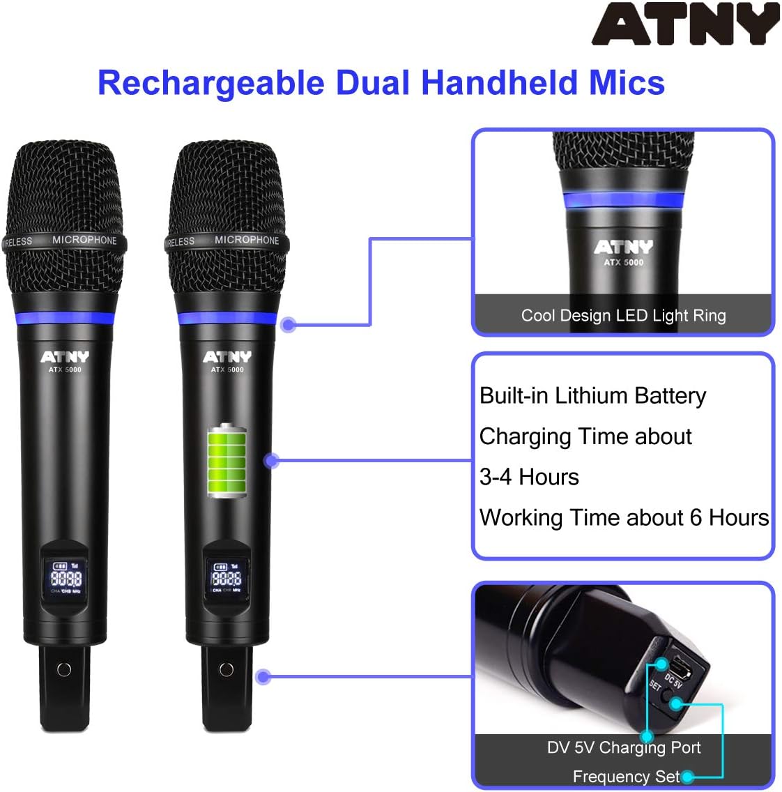 UHF Dual Channel Handheld Wireless Microphone System with 2 Rechargeable Metal Mics and LED Display Q777
