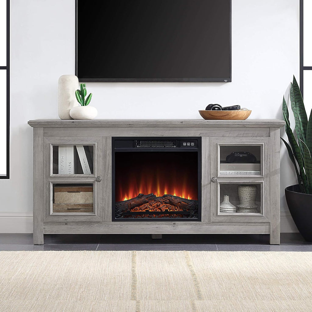 Espresso Farmhouse Electric Fireplace TV Stand with Open Storage Shelves and Cabinets I781