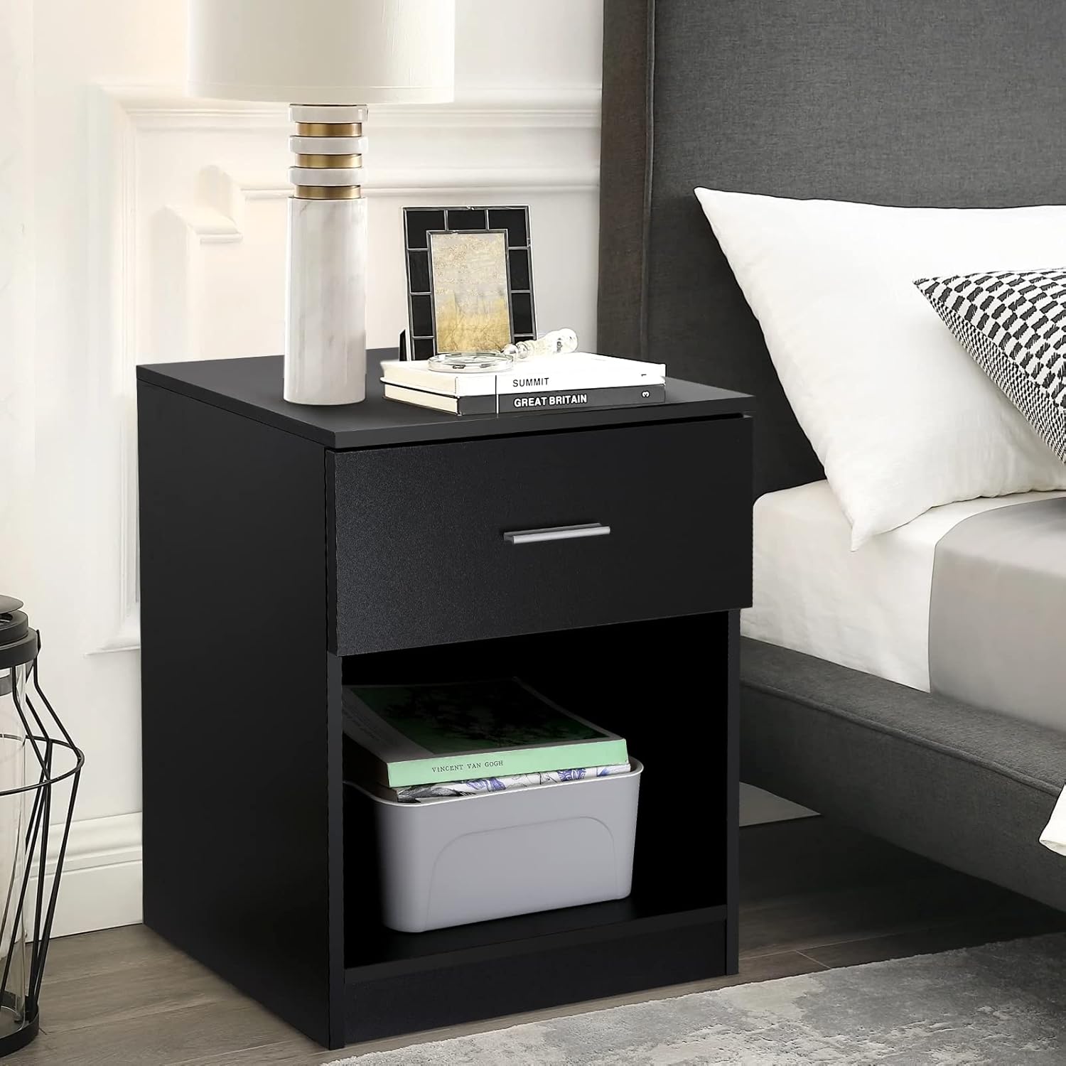 Black Nightstand with 1 Drawer and Shelf C80743