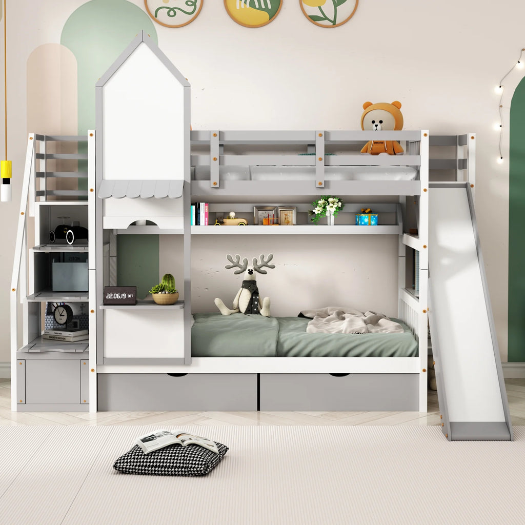 Twin Over Twin Bunk Bed with 2 Drawers and Slide, Gray G7831