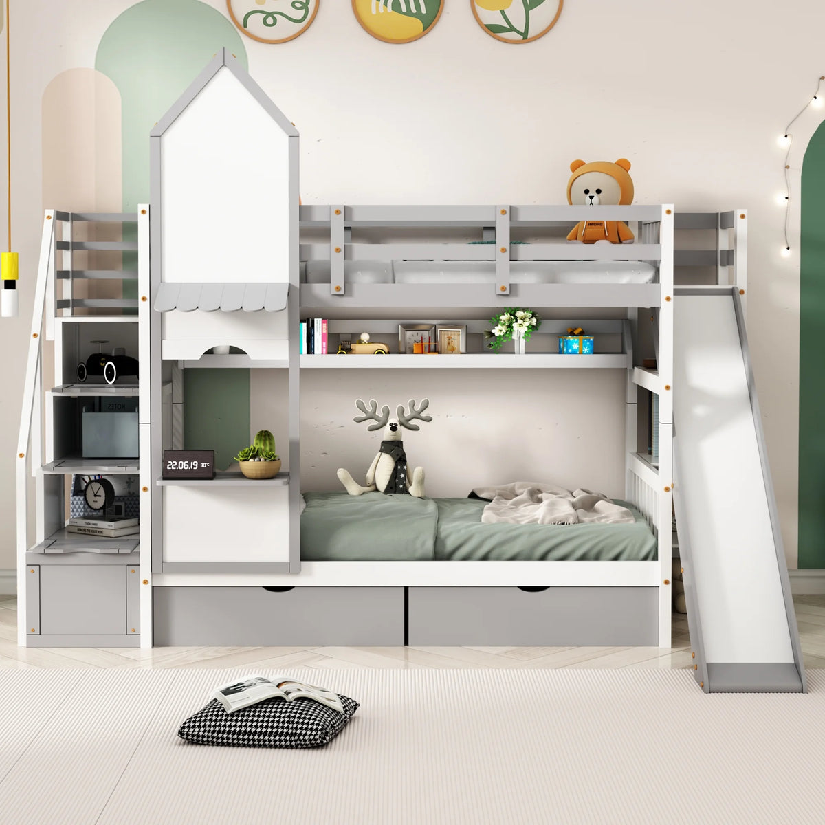 Twin Over Twin Bunk Bed with 2 Drawers and Slide, Gray G7831