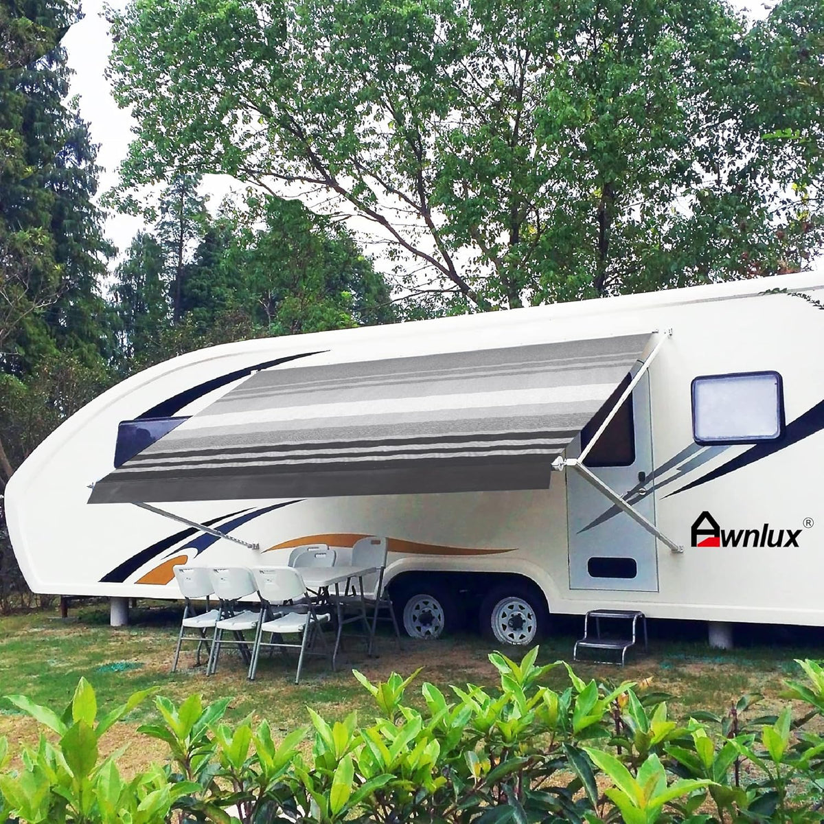 Blue Ombre White 12' Vinyl RV Awning Fabric Replacement with Press Plate & Pull Strap I71435