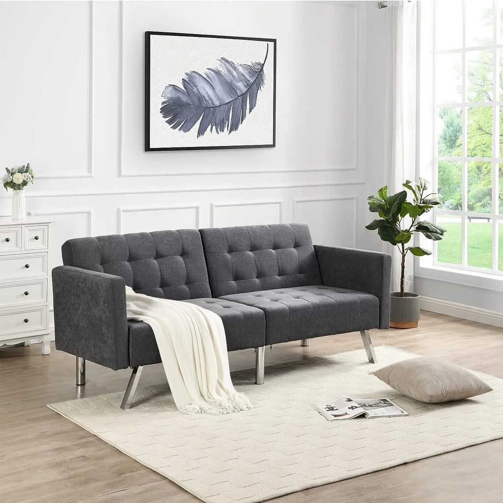 75" Convertible Folding Futon Sofa Bed with Armrest and Chrome Legs L828