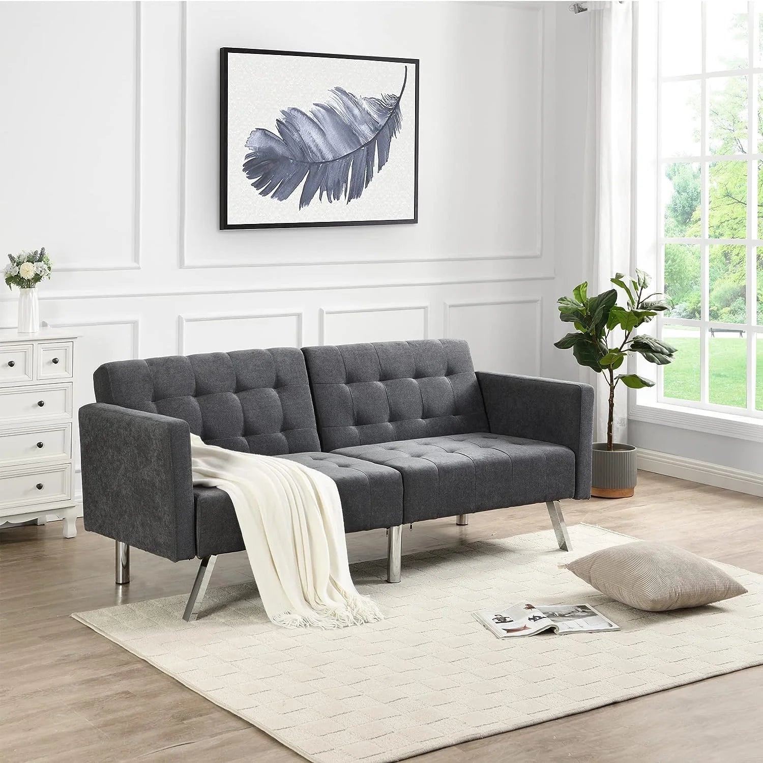 75" Convertible Folding Futon Sofa Bed with Armrest and Chrome Legs L828