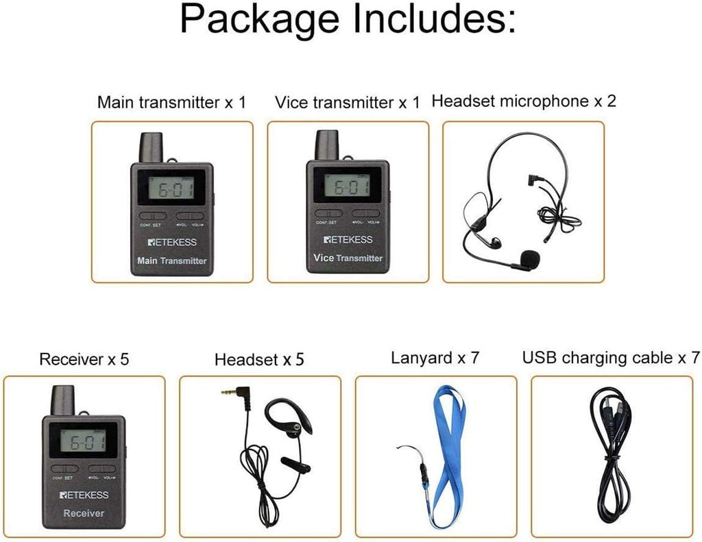 Case of 2 Main Vice Transmitters and 5 Receivers, Tour Guide System Wireless, 328ft, 2 Way Tour Headsets Microphone S12821