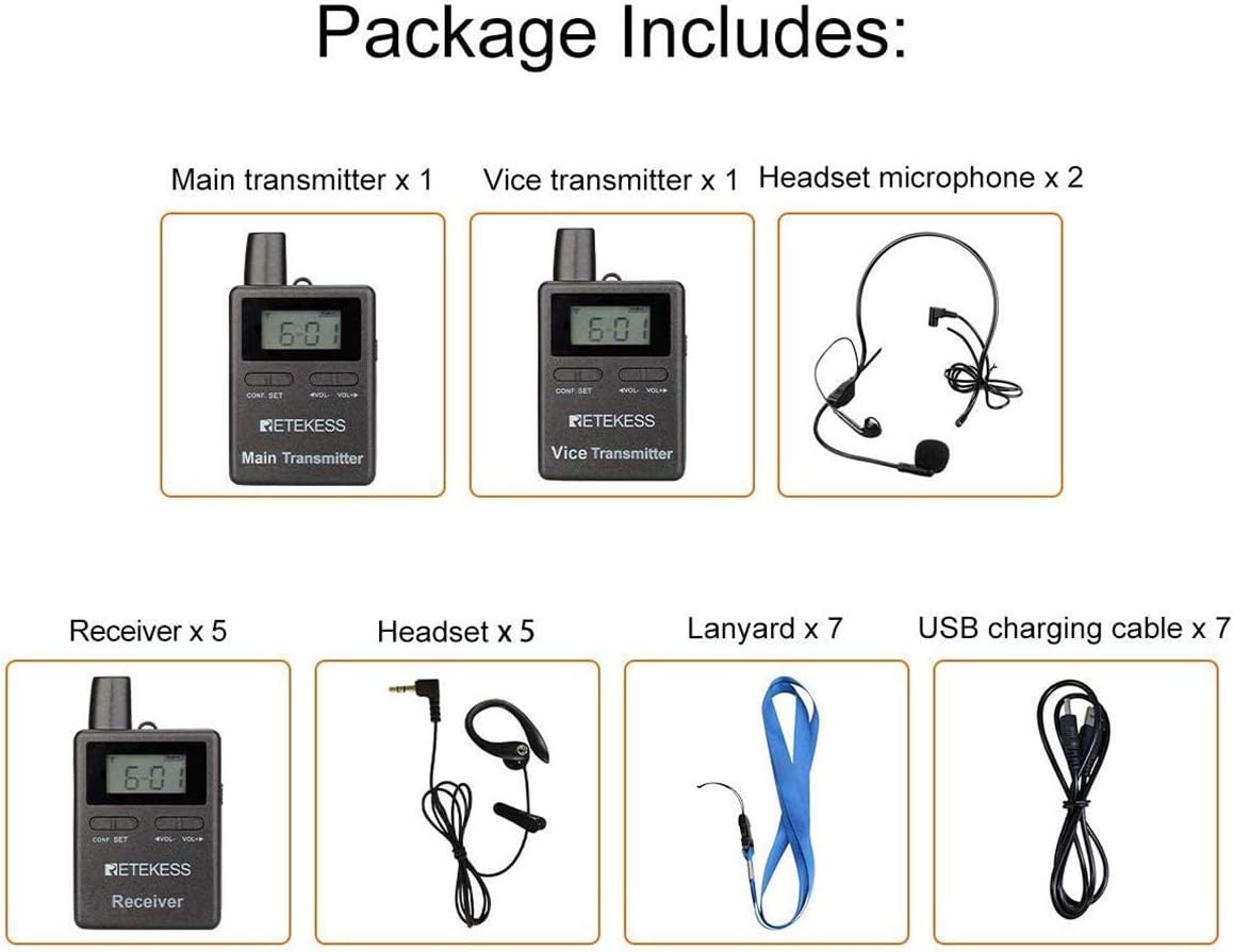 Case of 2 Main Vice Transmitters and 5 Receivers, Tour Guide System Wireless, 328ft, 2 Way Tour Headsets Microphone S12821
