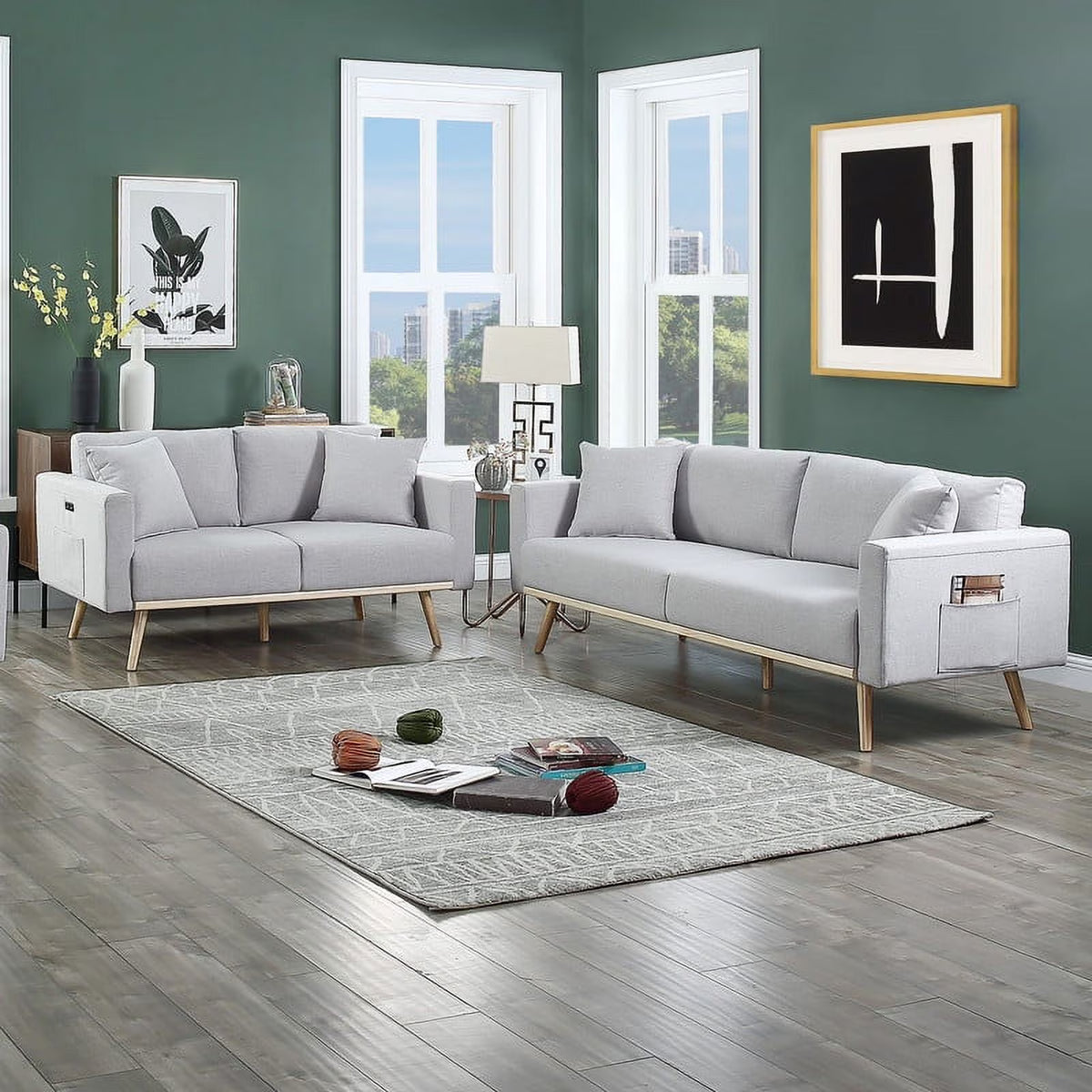 Light Gray Linen Fabric Sofa Loveseat Set H4510