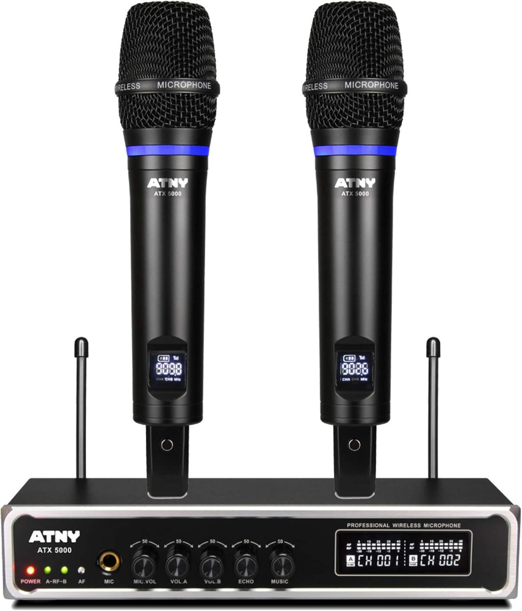 UHF Dual Channel Handheld Wireless Microphone System with 2 Rechargeable Metal Mics and LED Display Q777