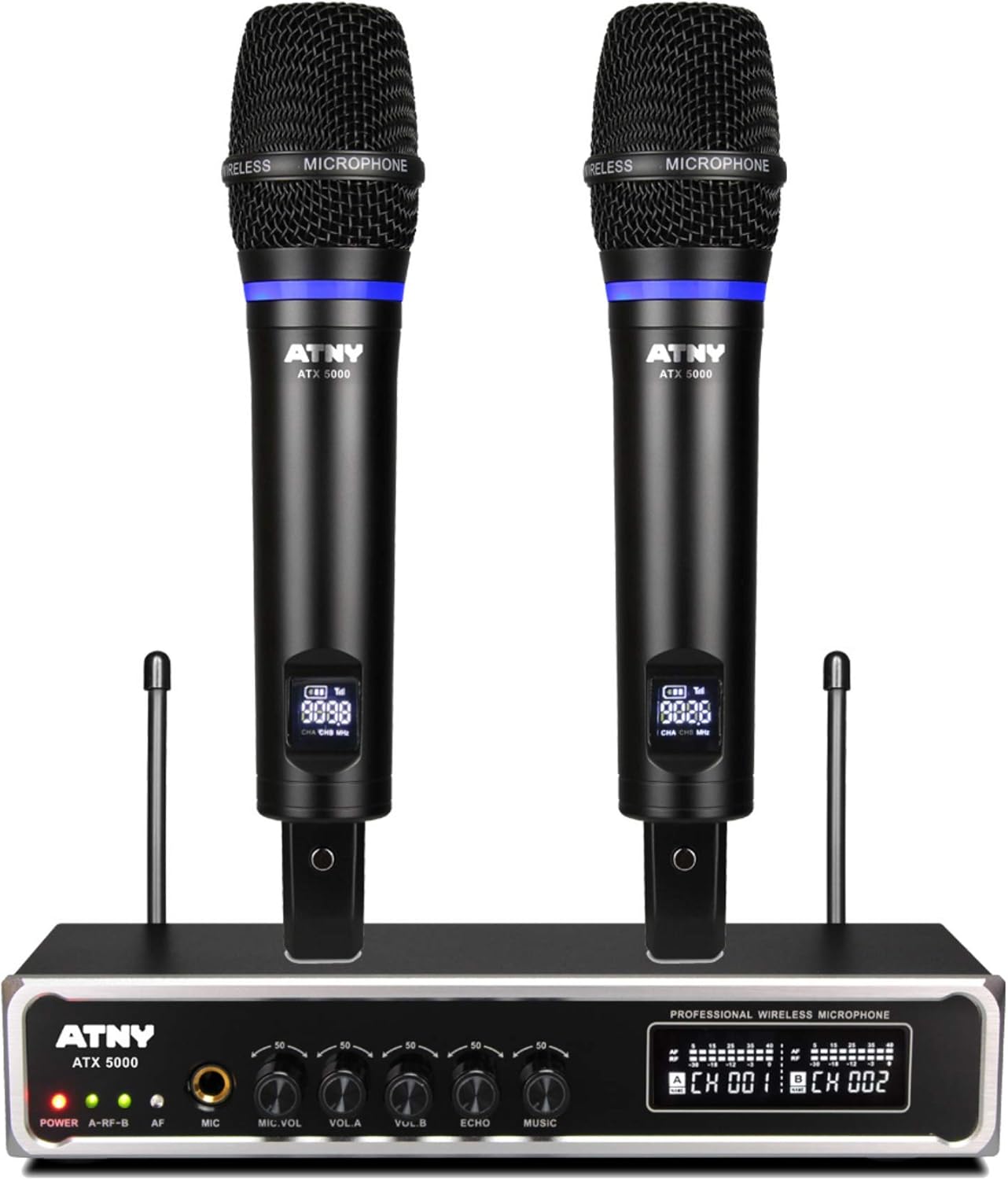 UHF Dual Channel Handheld Wireless Microphone System with 2 Rechargeable Metal Mics and LED Display Q777