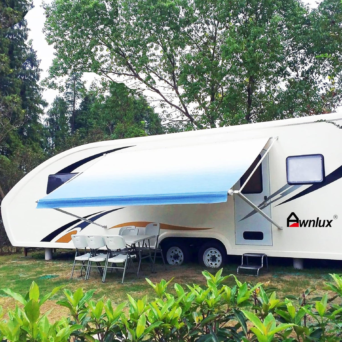 Blue Ombre White 12' Vinyl RV Awning Fabric Replacement with Press Plate & Pull Strap I71435