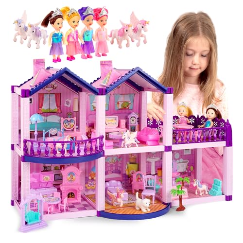 Pink and Purple 5 Room Dollhouse with 4 Princesses, 4 Unicorns, Dog, Furniture and Accessories B9924