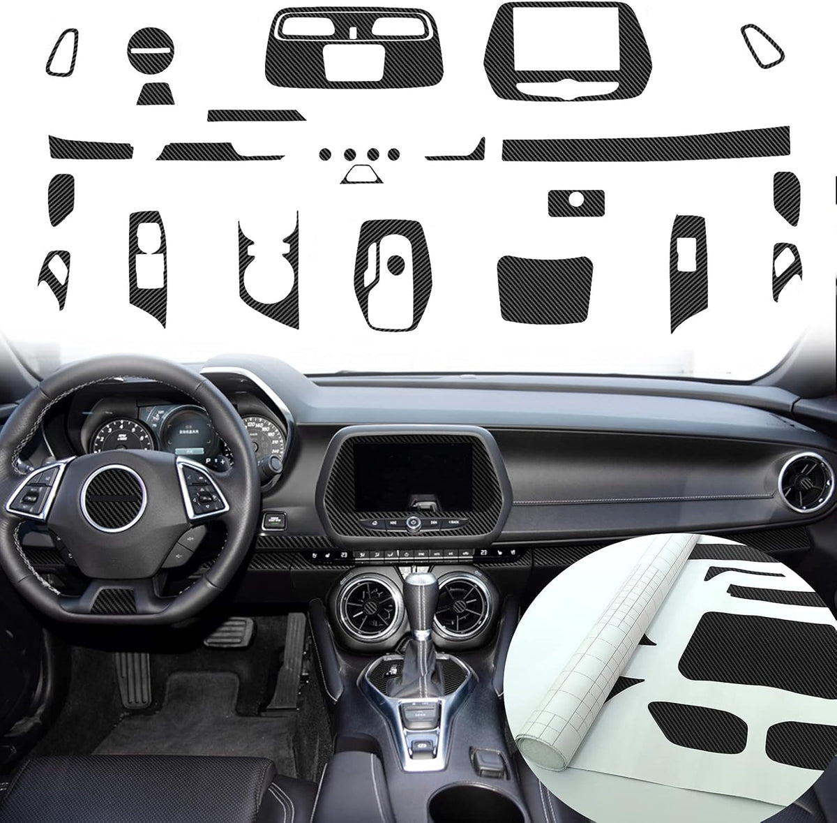 Carbon Fiber Texture Vinyl Wrap Center Console Dashboard Cover for Chevrolet Camaro 28PCS Black Y1866