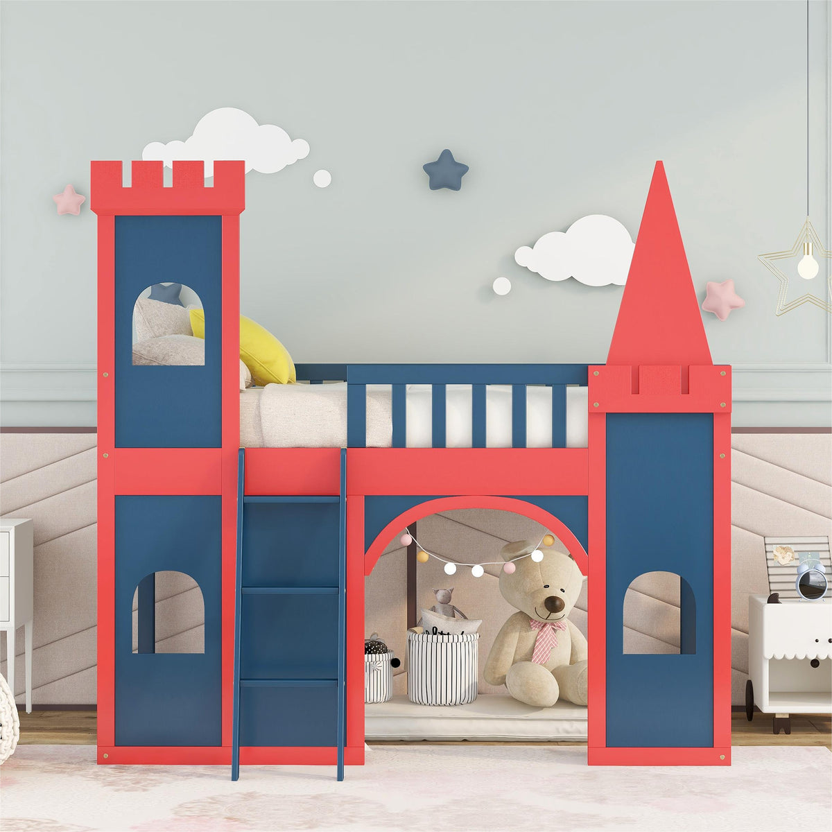 Red and Blue Twin Size Loft Bed with Ladder E9605