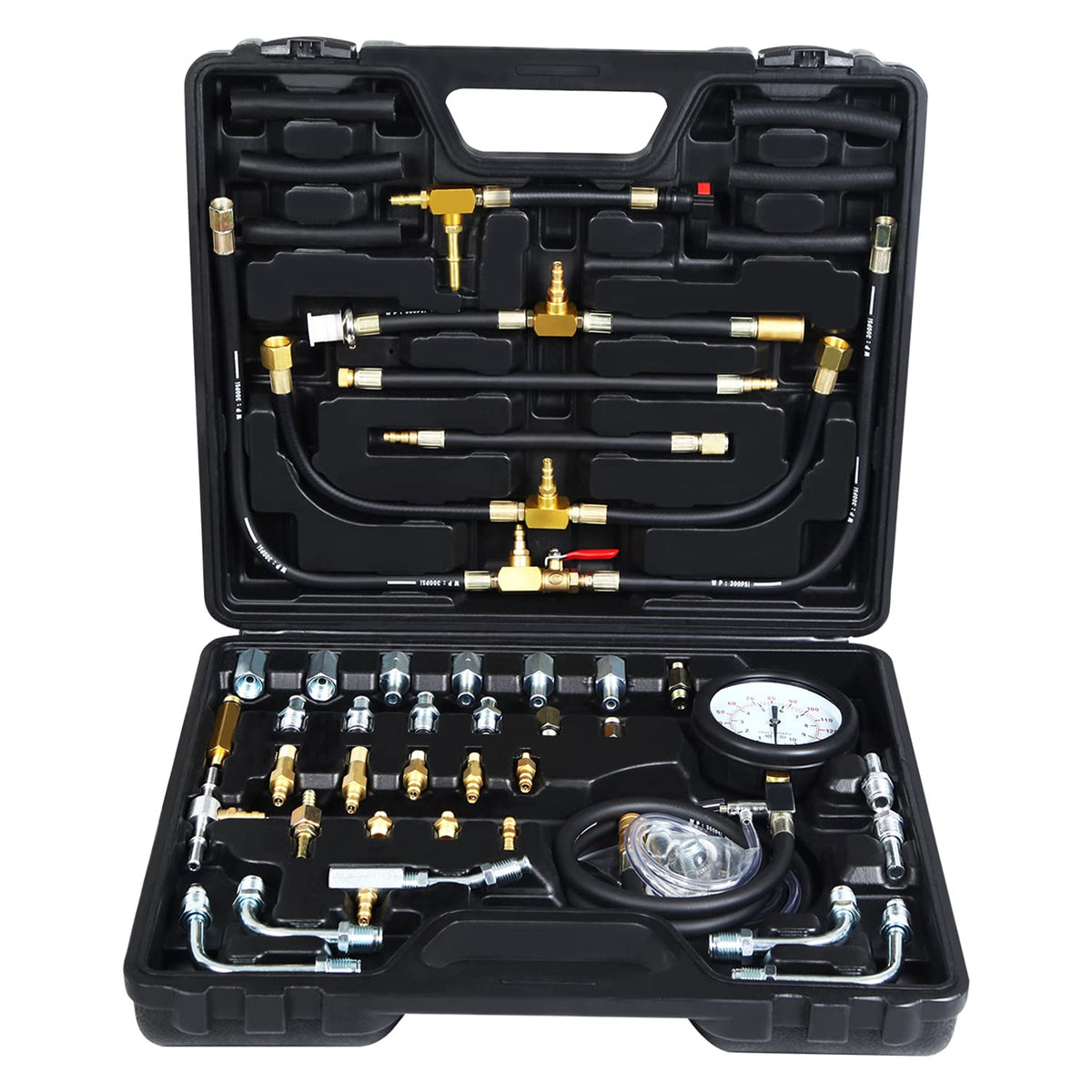 Fuel Pressure Test Kit, Fuel Injection Pressure Tester Kit Gauge 0-140 PSI/10 bar Scale, Dual Dial P1793