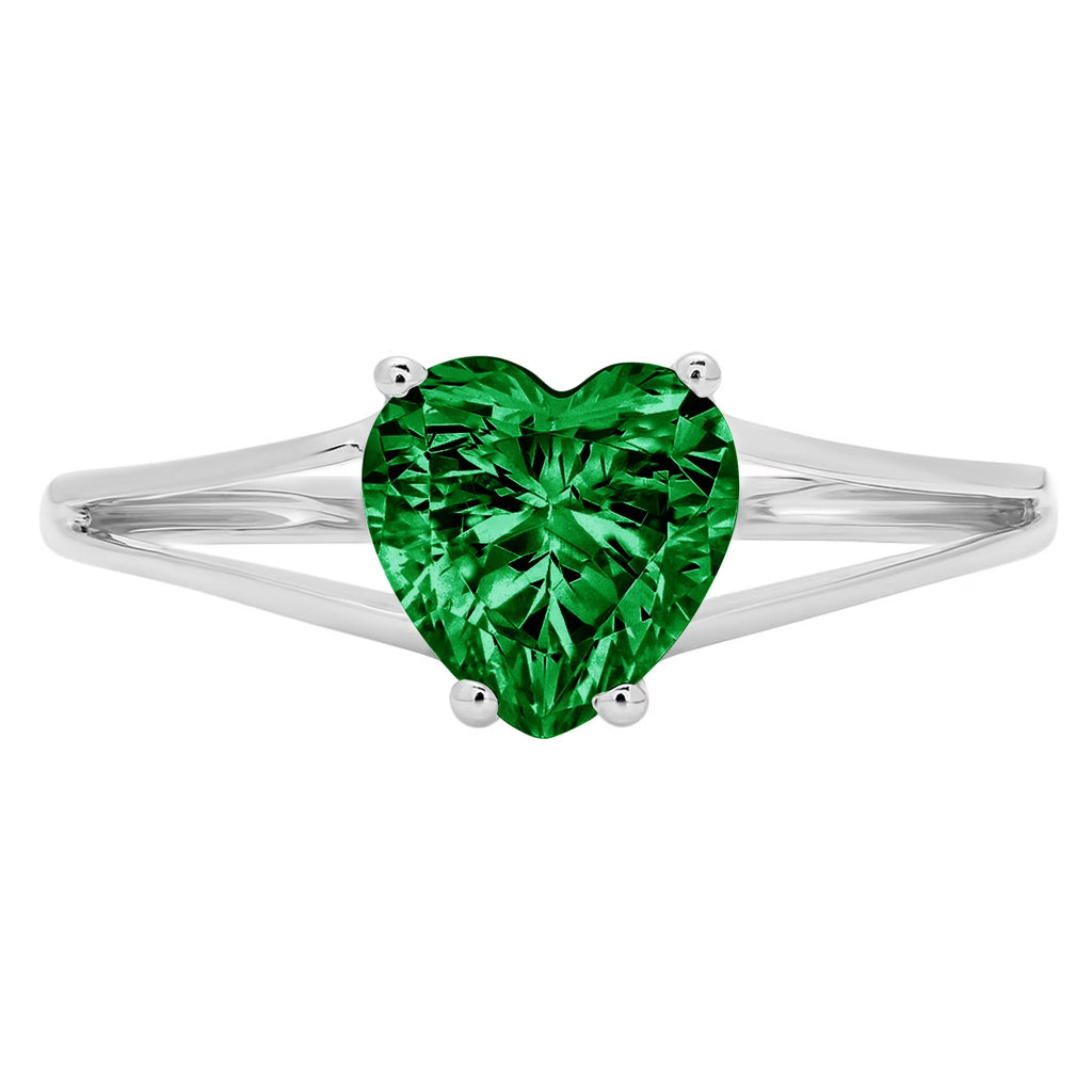 1.0ct Heart Cut Green Simulated Emerald Real 18k White Gold Solitaire Ring U8751