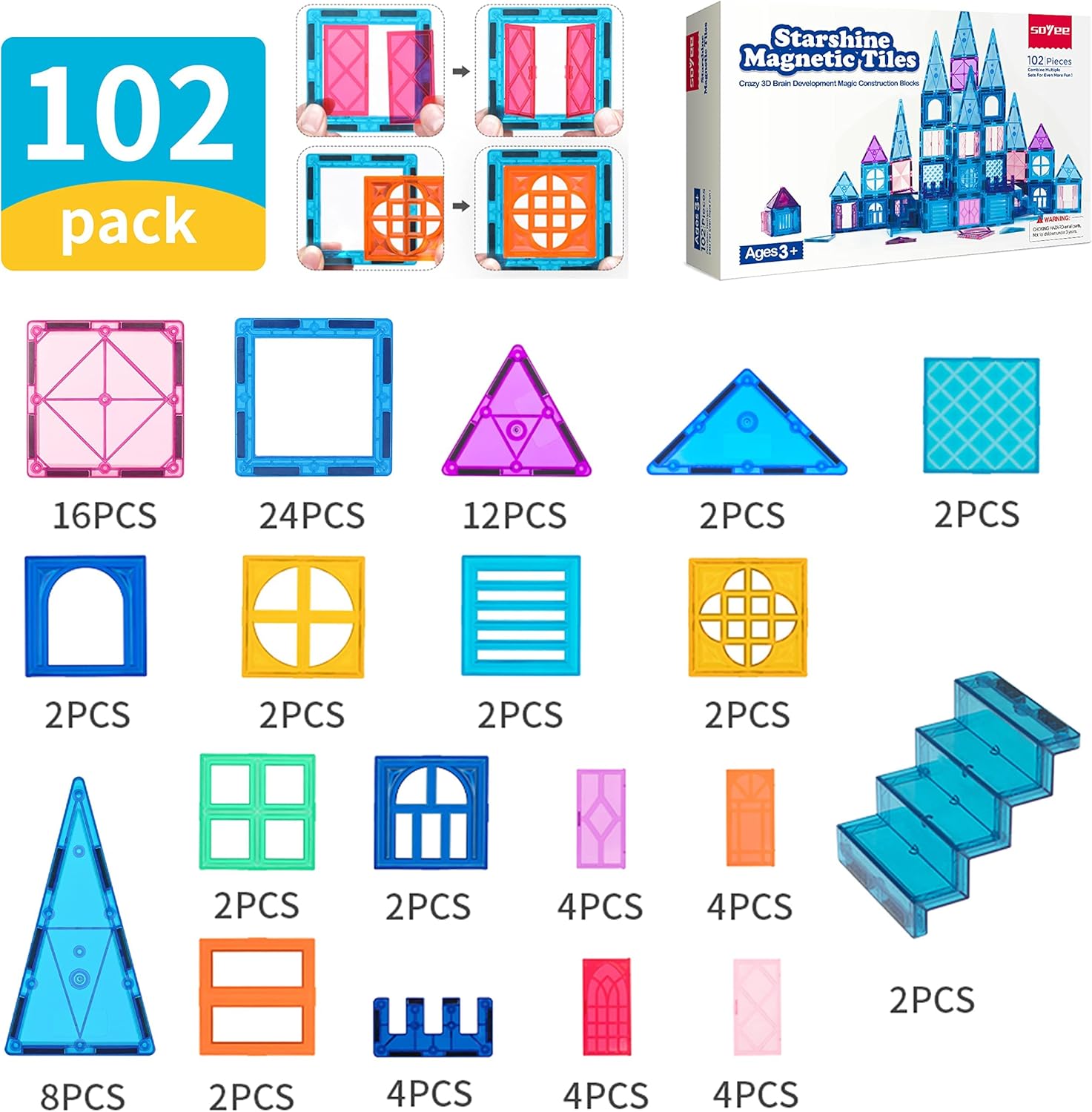 Magnetic Tiles 102Pcs Building Blocks Toy Castle Building Kit X944
