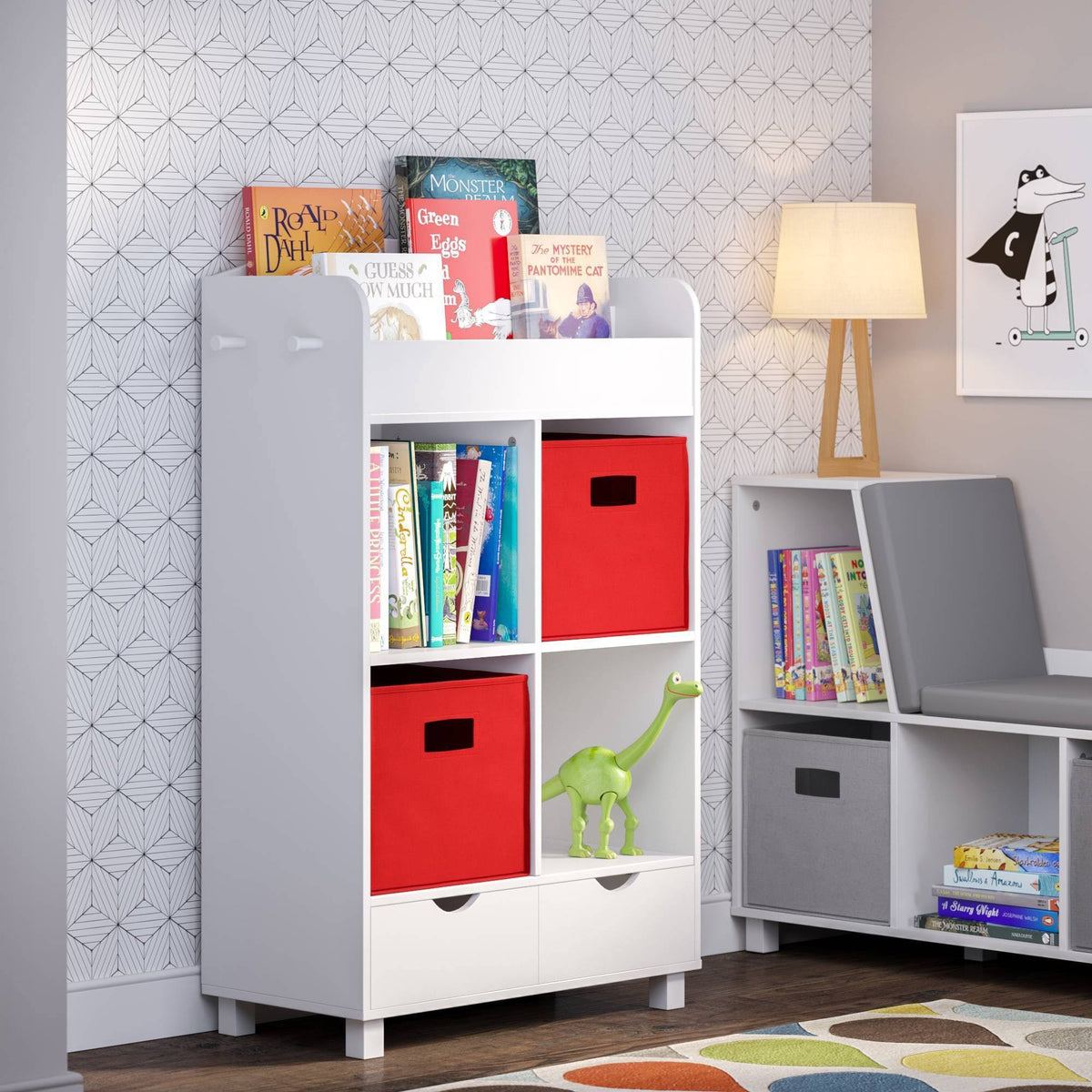 White Kids Cubby Storage Cabinet with Bookrack G5405
