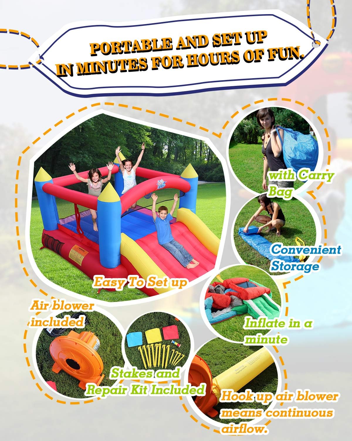 Bounce House with Slide, Inflatable Bouncer with Air Blower P14208