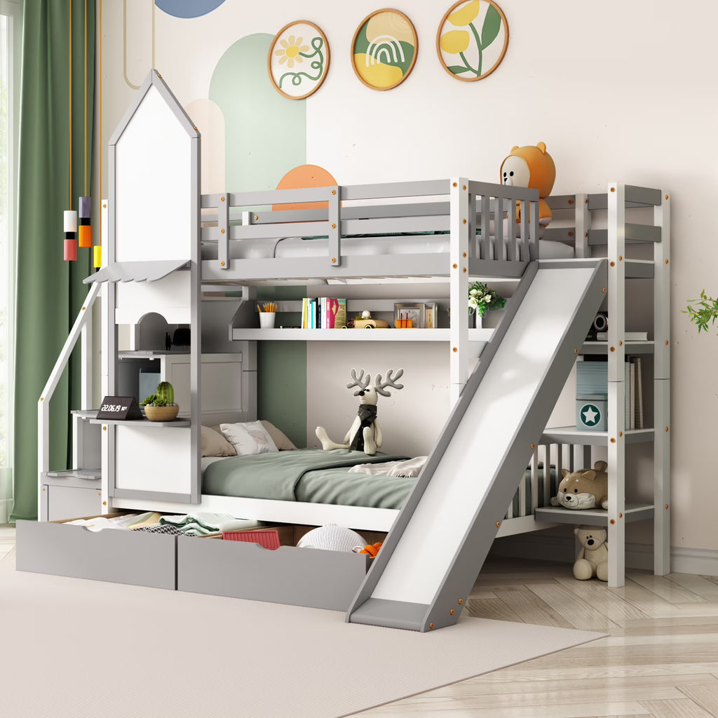 Twin Over Twin Bunk Bed with 2 Drawers and Slide, Gray G7831