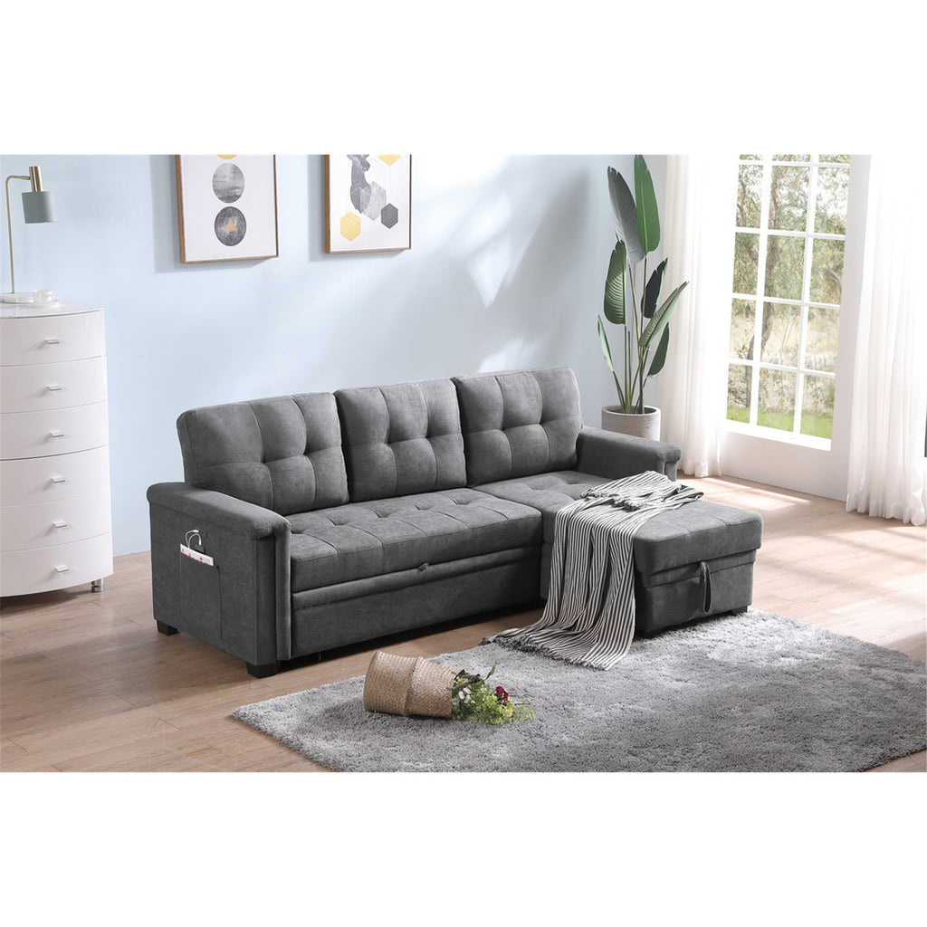 Gray Woven Fabric Sleeper Sectional Sofa Chaise with USB Charger and Tablet Pocket H421