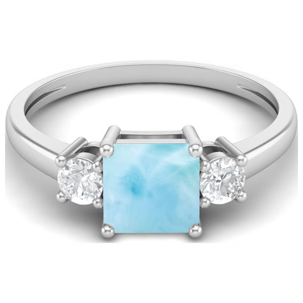 0.95 Ctw Princess Cut Square Larimar 925 Sterling Silver Trio Stone Ring H557550