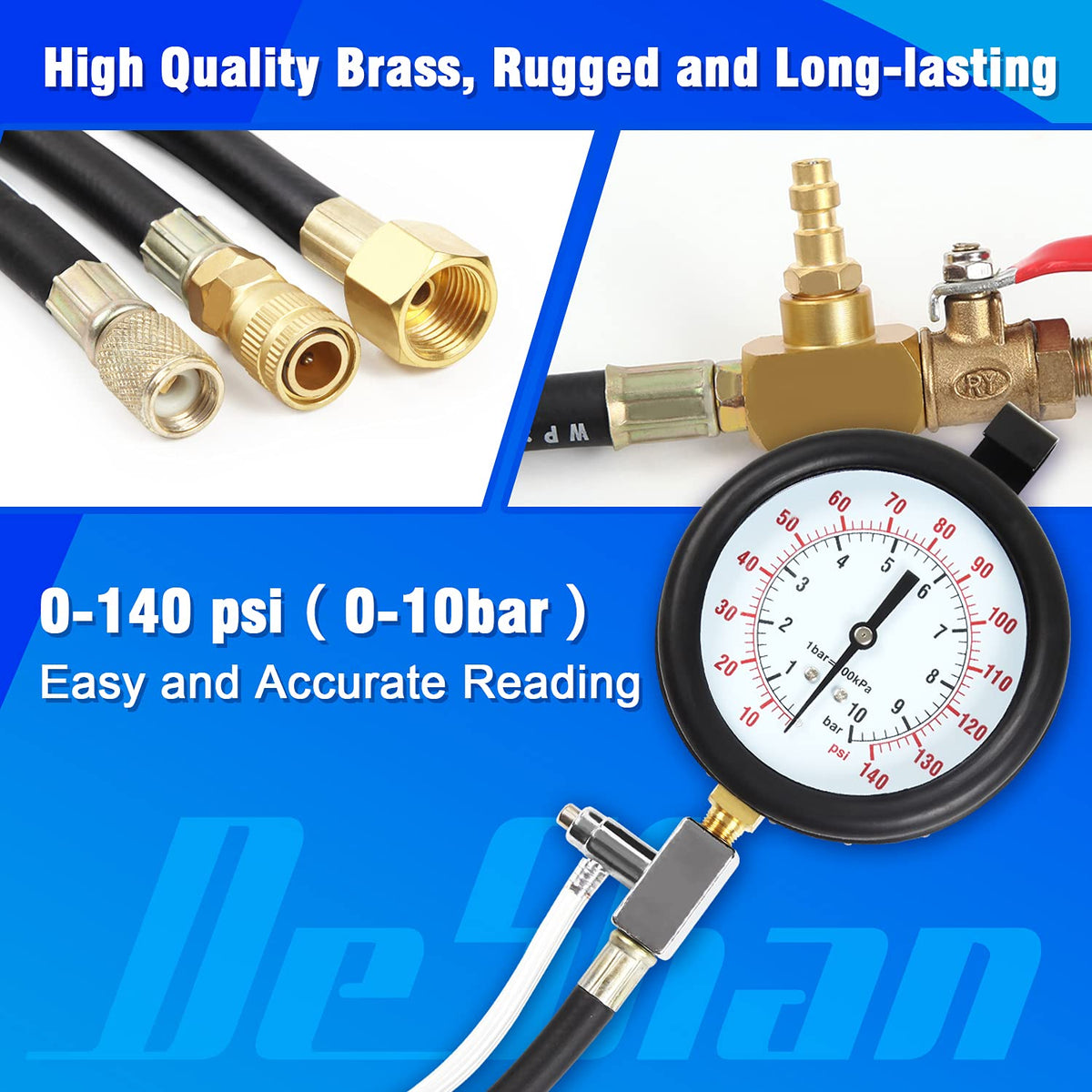 Fuel Pressure Test Kit, Fuel Injection Pressure Tester Kit Gauge 0-140 PSI/10 bar Scale, Dual Dial P1793