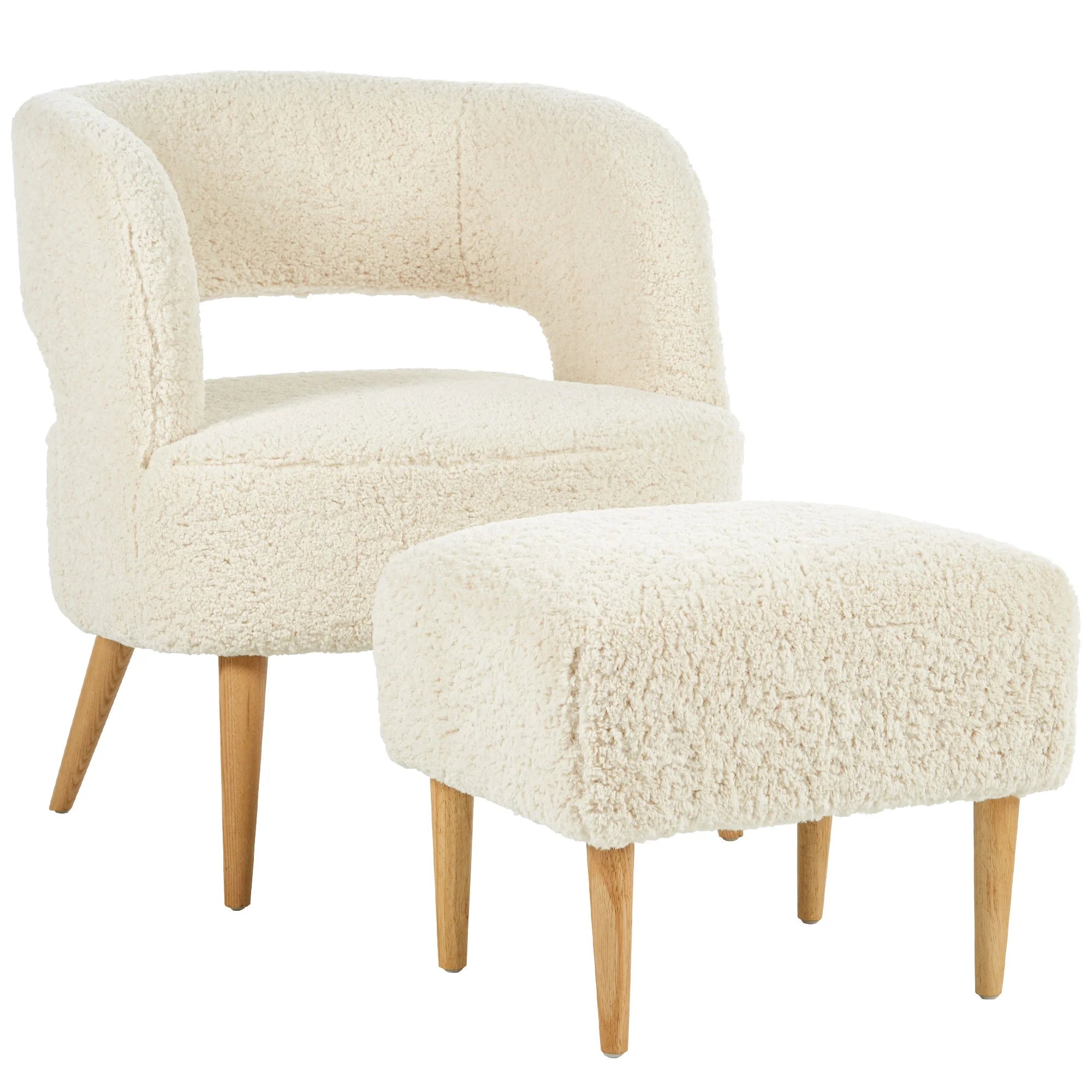 Beige Teddy Fleece Accent Chair with Ottoman and Wooden Legs J102