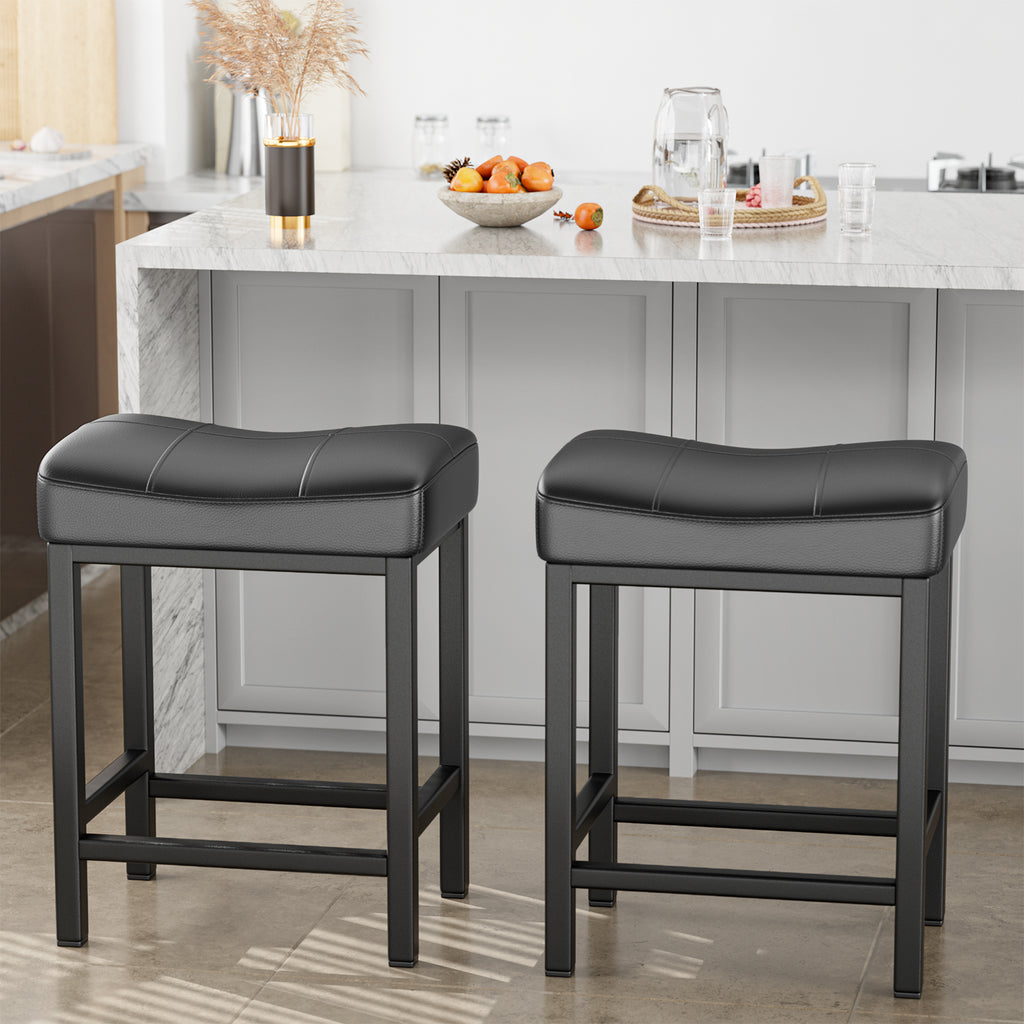 Black PU Leather Counter Bar Stools Set of 2 with Metal Base T754035