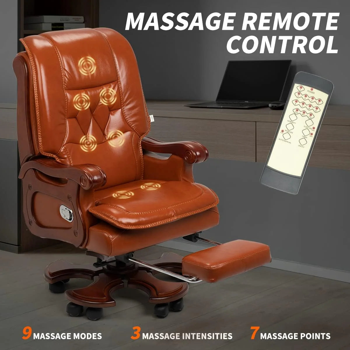 Massage Office Chair with Footrest Genuine Leather Fully Reclining Solid Wood Handrail Adjustable Tilt Back Angle Black M2329