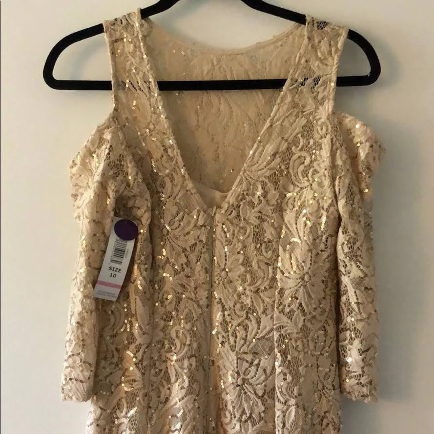 Beige 3/4 Sleeve Cold Shoulder Sequin Evening Gown F1910