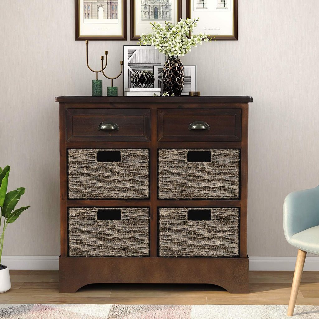 Rustic Storage Cabinet with Two Drawers and Four Fabric Basket (White) U29879