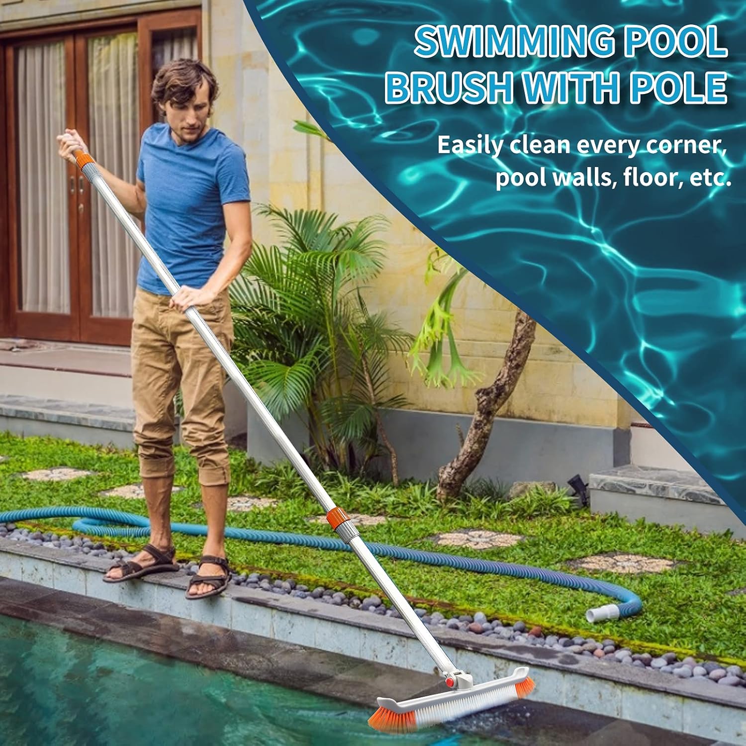 19" Polished Nylon Bristles Pool Brush Head with 12 ft Aluminum Telescopic Pole, Pack of 2 E6559