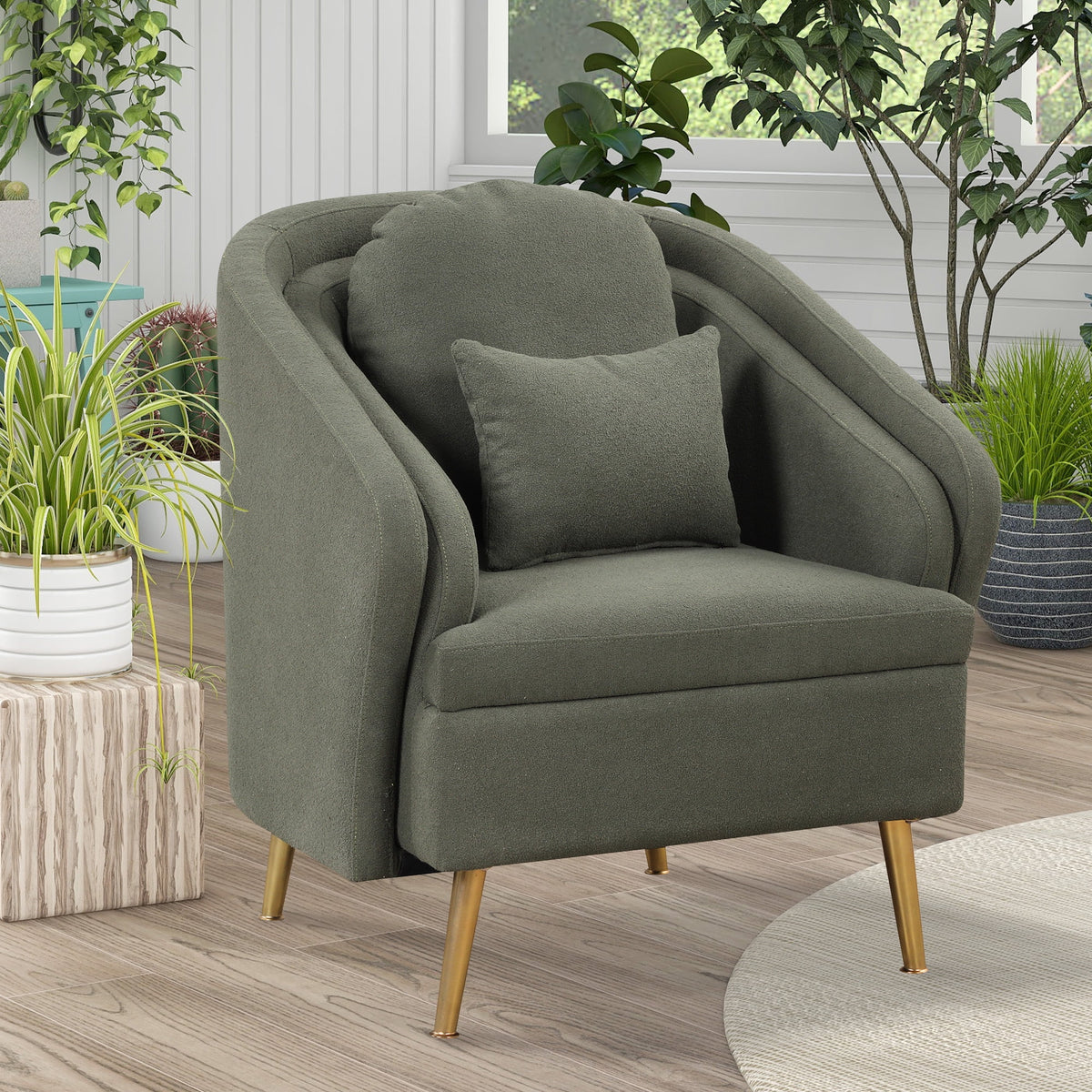 Seaweed Green Upholstered Accent Chair with Lumbar Pillow and Metal Legs Y834