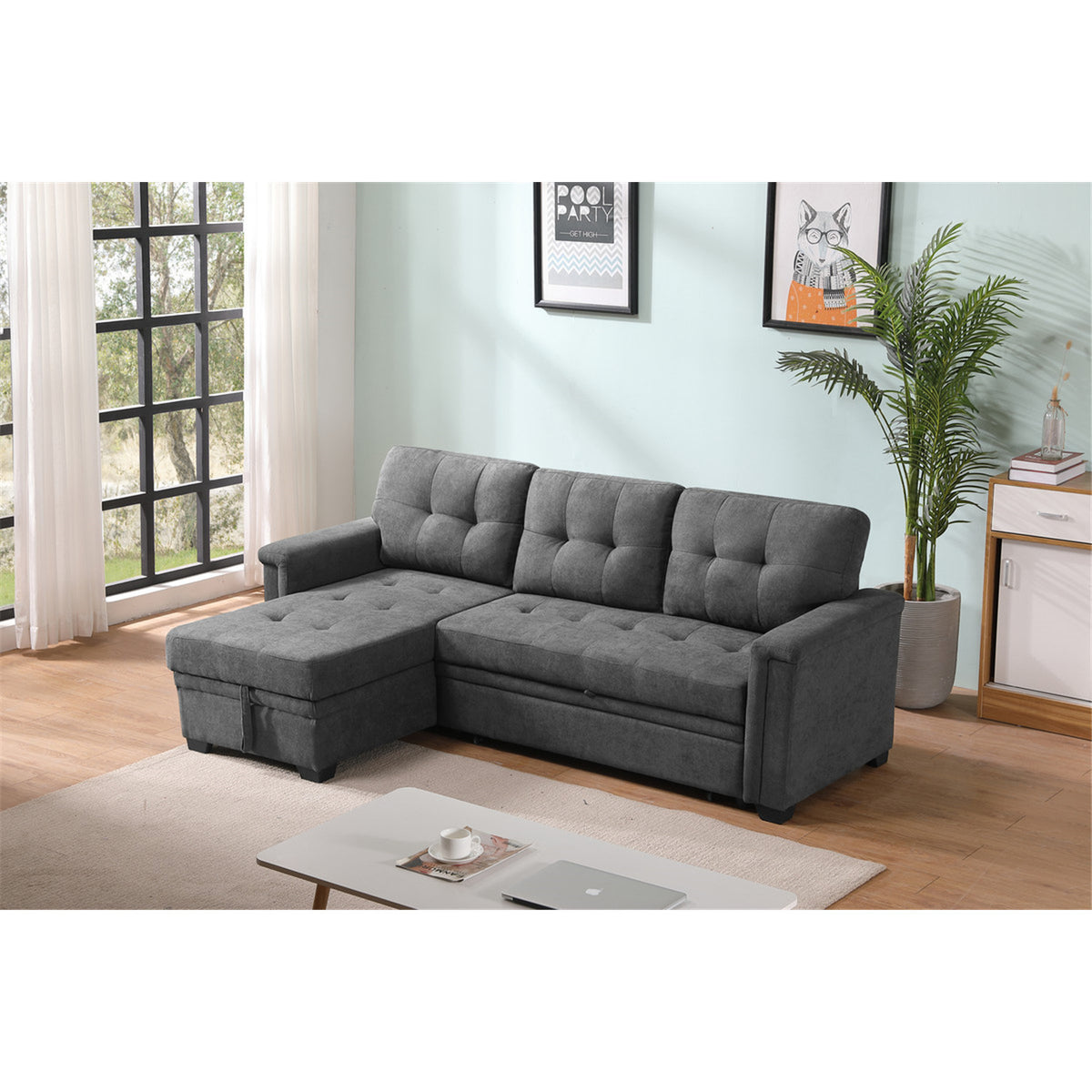 Gray Woven Fabric Sleeper Sectional Sofa Chaise with USB Charger and Tablet Pocket H421