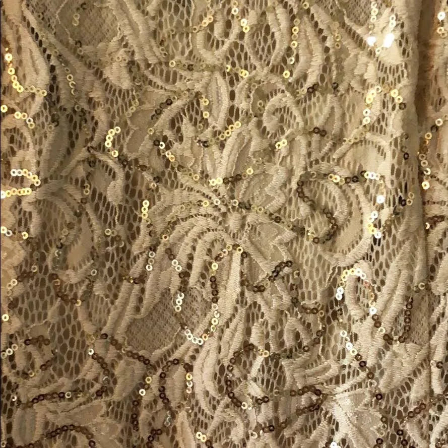 Beige 3/4 Sleeve Cold Shoulder Sequin Evening Gown F1910