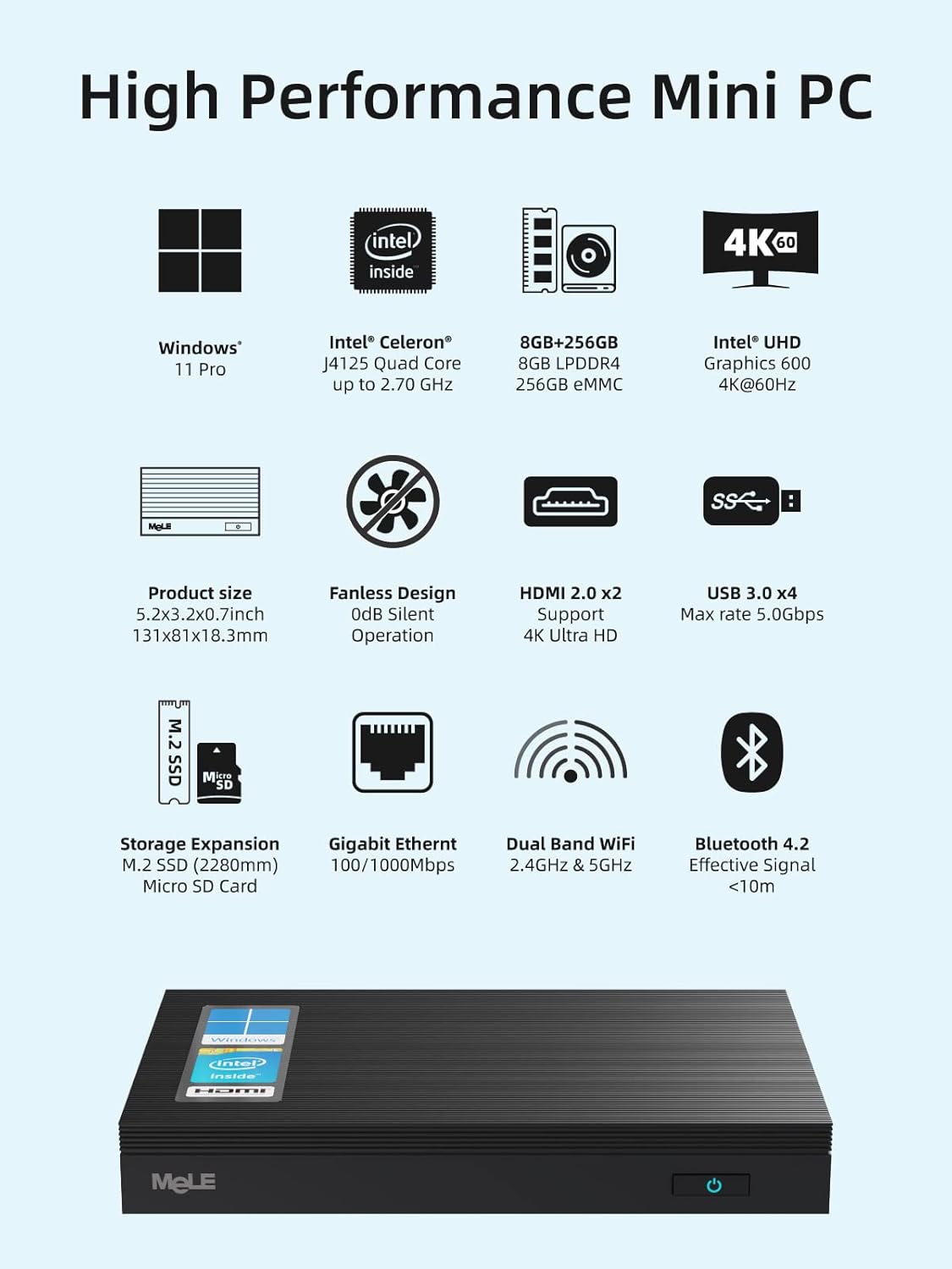 Fanless Mini PC 8G 256GB 4K Dual HDMI Gigabit Ethernet D457381